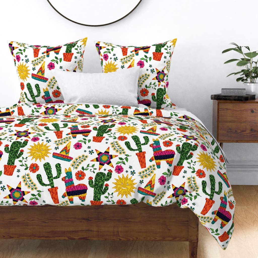 Colorful Mexican Fiesta Print Cotton Sateen Duvet Cover Twin Size - Cinco de Mayo Birthday Party Bedding for Kids & Teens - Perfect for Dorm Rooms, Guest Bedrooms & Themed Decor