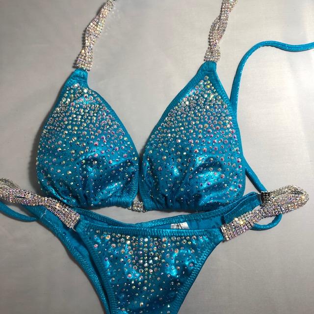 Competition Bikini Suit - Turquoise Burst Crystal Rhinestone Posing Bikini for Women | Stage Performance, Bodybuilding, Fitness Shows, Swimwear, Beachwear