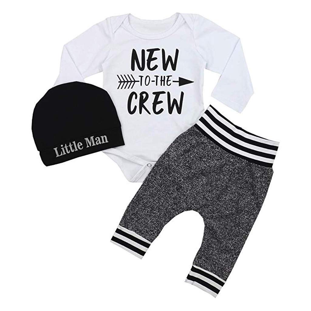 **Adorable Baby Boy Clothes Set – Letter Print Romper, Long Pants & Hat – 3-Piece Outfit for Newborns 0-18 Months (White, 12-18M) – Perfect for Daily Wear, Photoshoots & Special Occasions**
