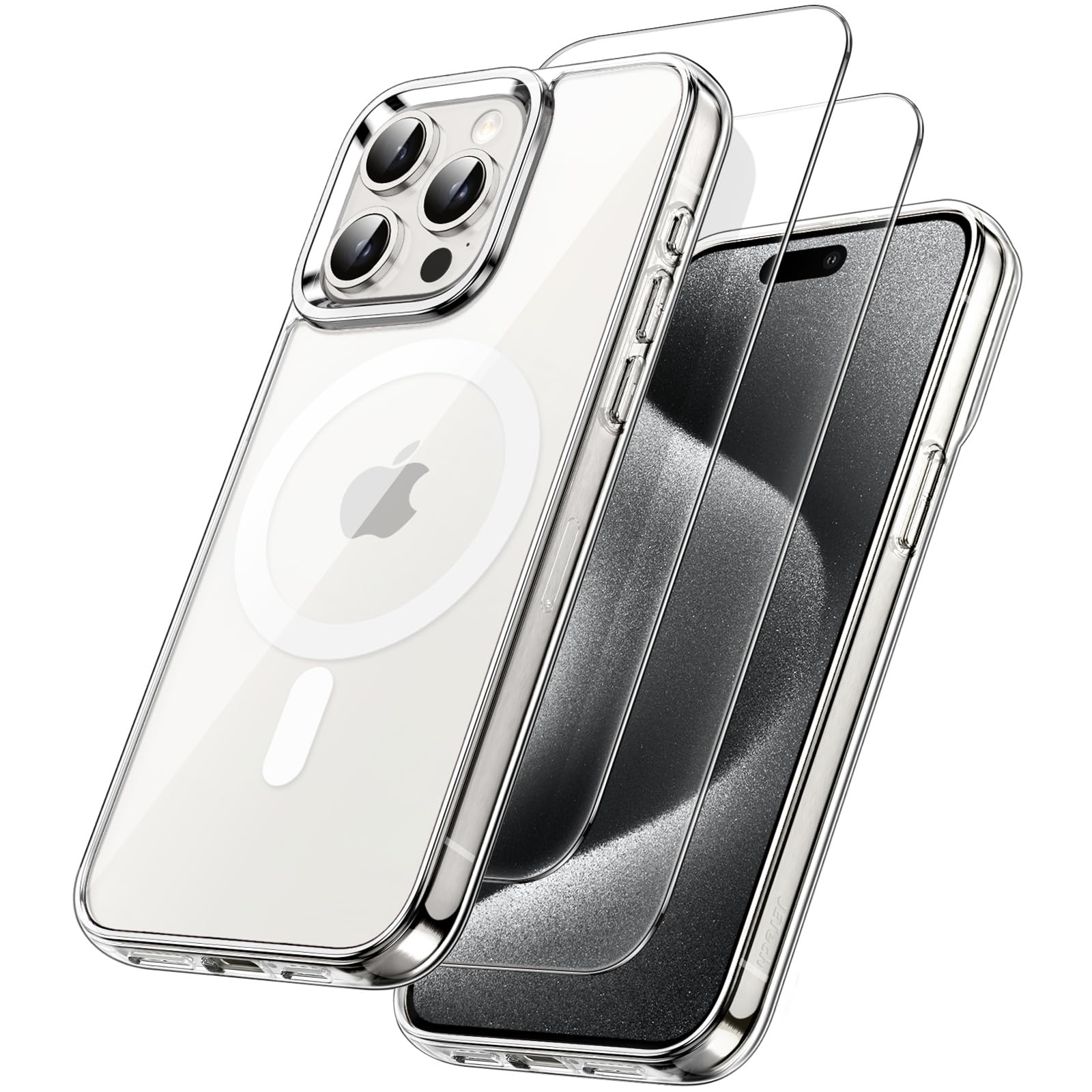 JETech 3 in 1 Magnetic Case for iPhone 15 Pro Max 6.7-Inch - Shockproof Bumper Phone Cover with 2 Pack Tempered Glass Screen Protectors, Magsafe Compatible (Clear) | Perfect for Work, Travel & Everyday Protection