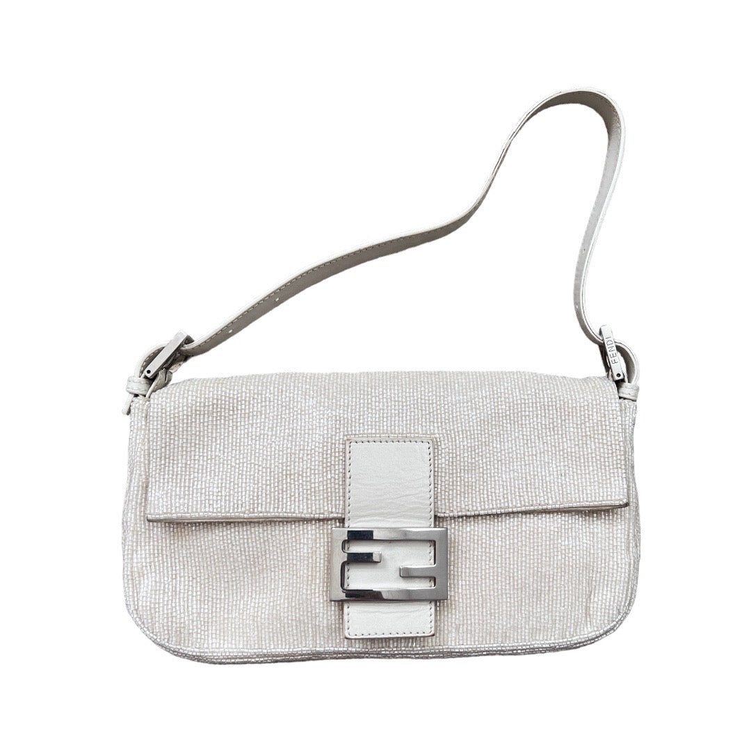 Authentic Fendi White Beaded Baguette Bag - Luxury Designer Handbag for Women | Perfect for Evening Parties, Weddings & Special Occasions