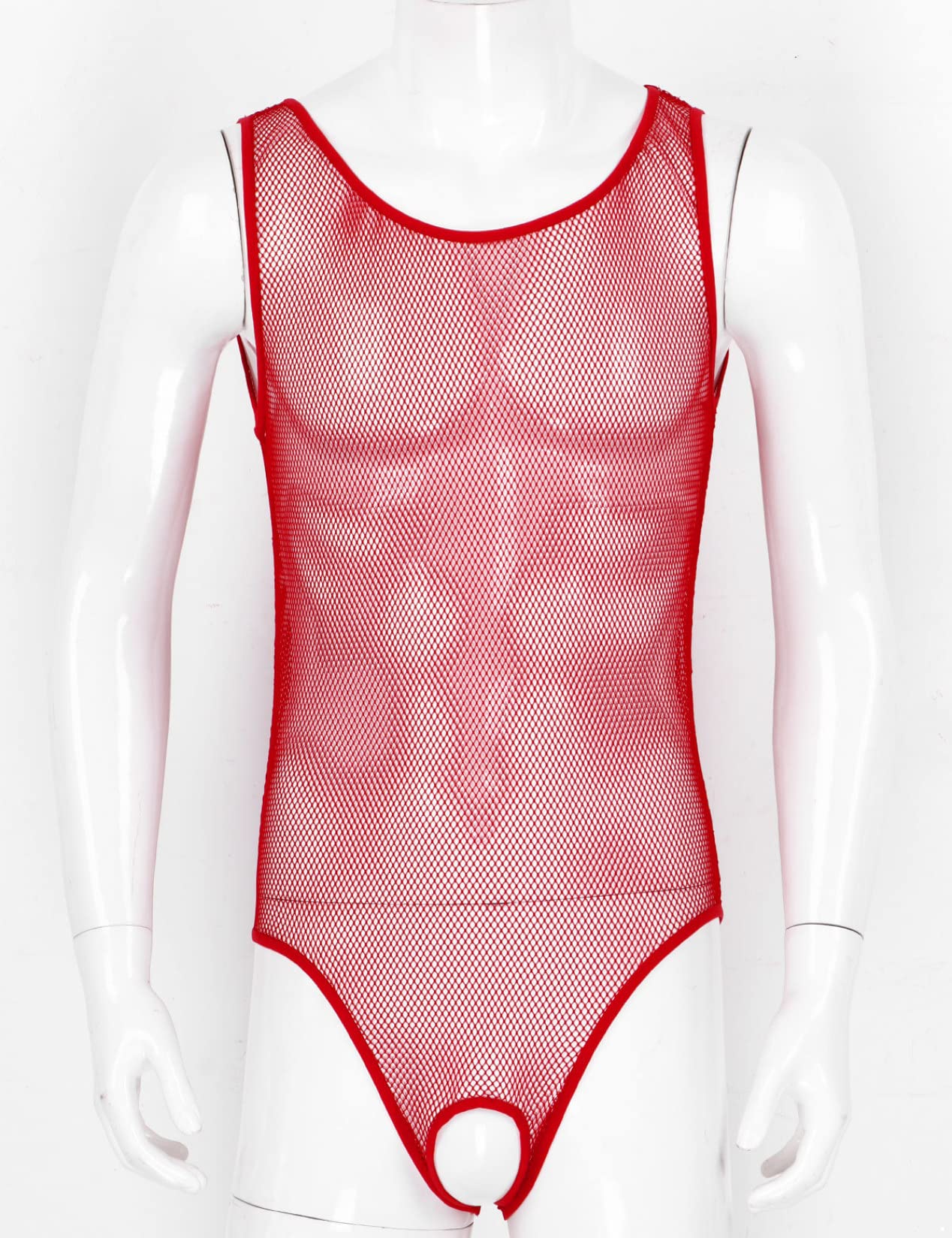 Sexy Red Fishnet Bodysuit for Men - One Piece Lingerie with High Cut Thong & Stockings - Medium Size Wrestling Leotard for Cosplay, Performance & Sensual Wear