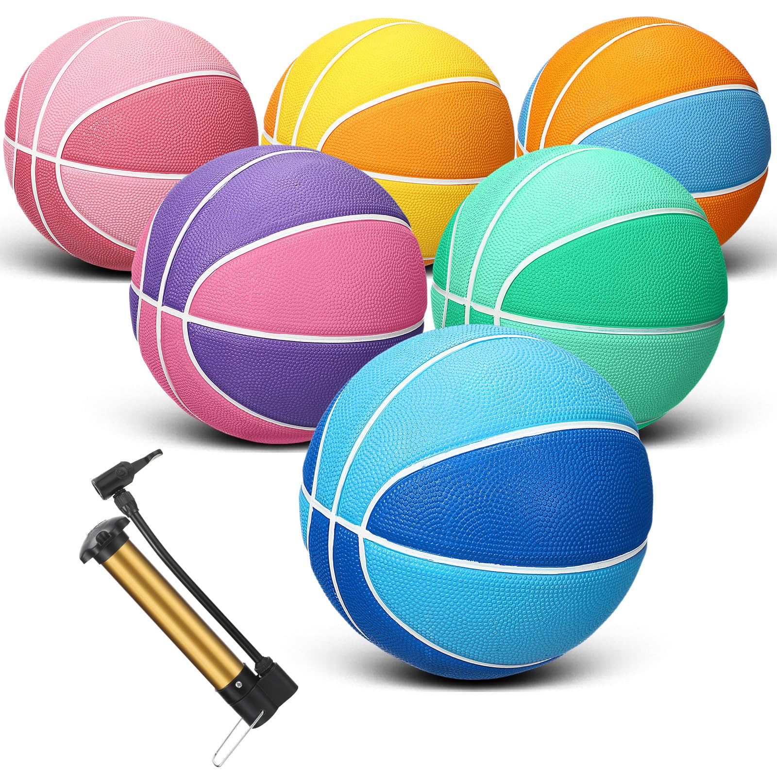 Jenaai 6-Pack Official Size Rubber Basketballs - Bulk Multicolor Street Basketballs with Air Pump for Indoor & Outdoor Training, Games - Perfect for Adults & Youth Gifts | Great for Backyard Play, School PE, Team Practice & Streetball Tournaments