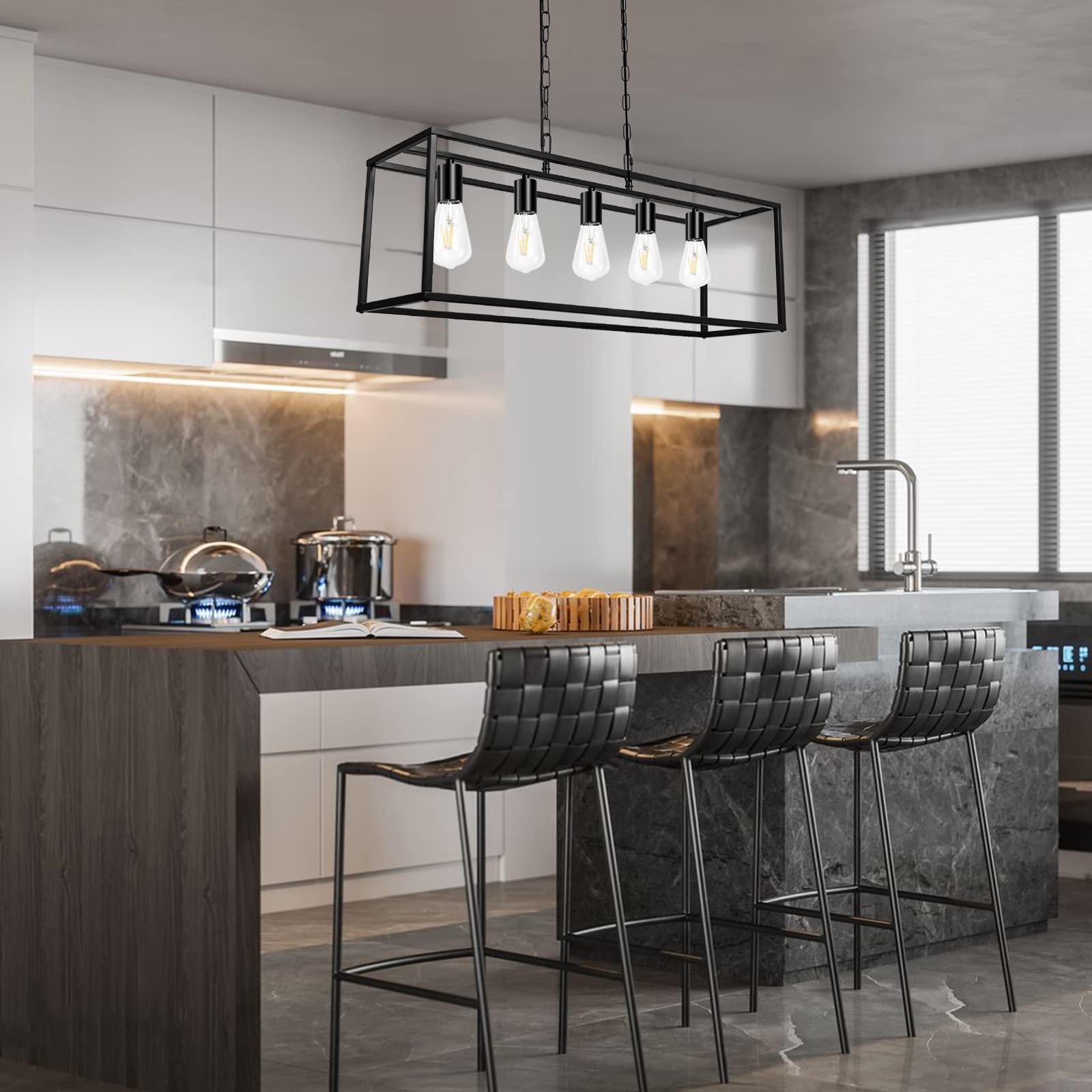 ZOSIMIO 5-Light Black Modern Linear Chandelier - Farmhouse Kitchen Island Lighting, Industrial Rectangular Light Fixture for Dining Room, Living Room, Foyer & Bar - Perfect for Rustic & Contemporary Home Decor