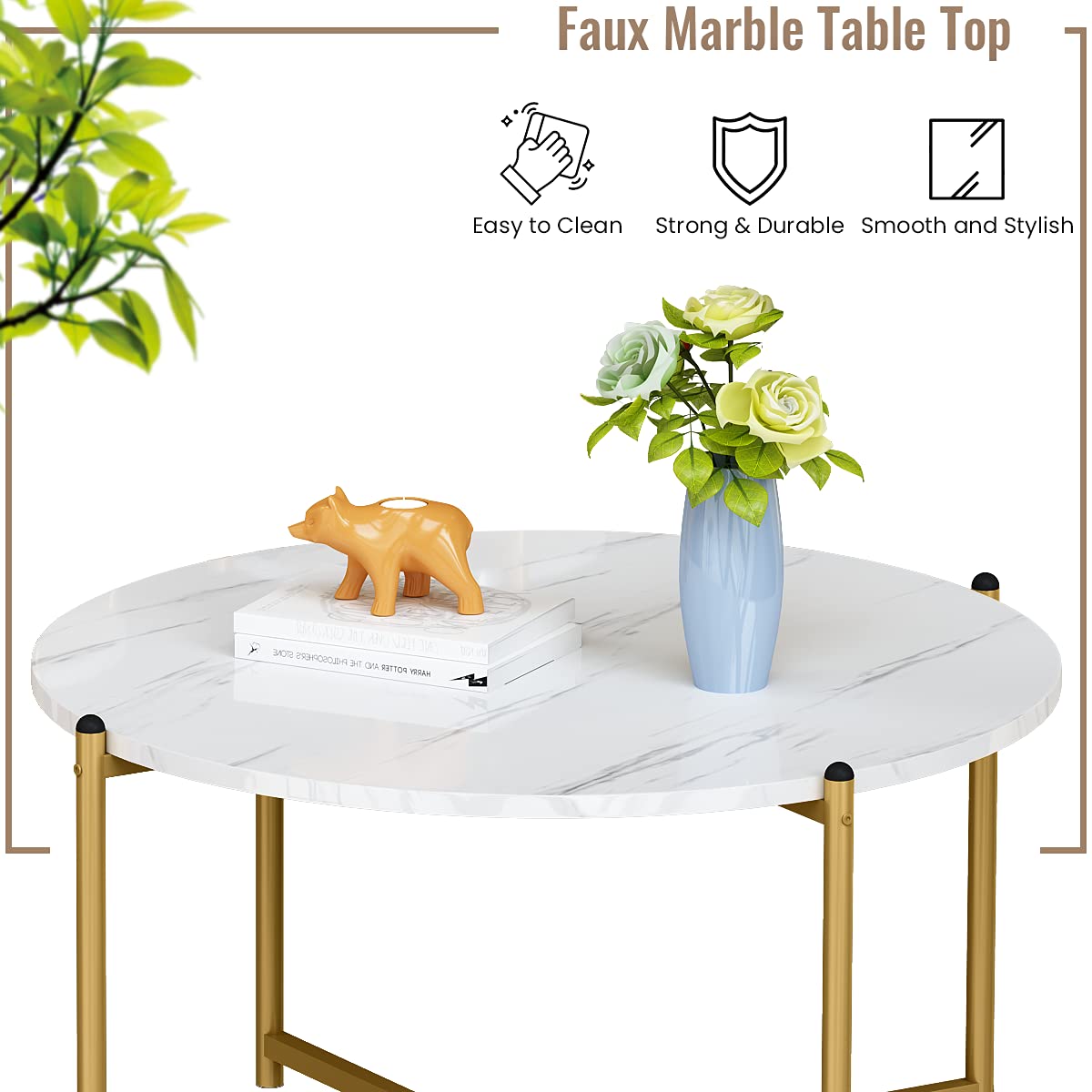 DKLGG Faux Marble Coffee Table Set of 3 - Round Coffee Table & 2 End Tables with Sturdy Metal Frame, Modern Sofa Side Tables for Living Room, Apartment, Lounge | Perfect for Coffee, Books & Decor Display