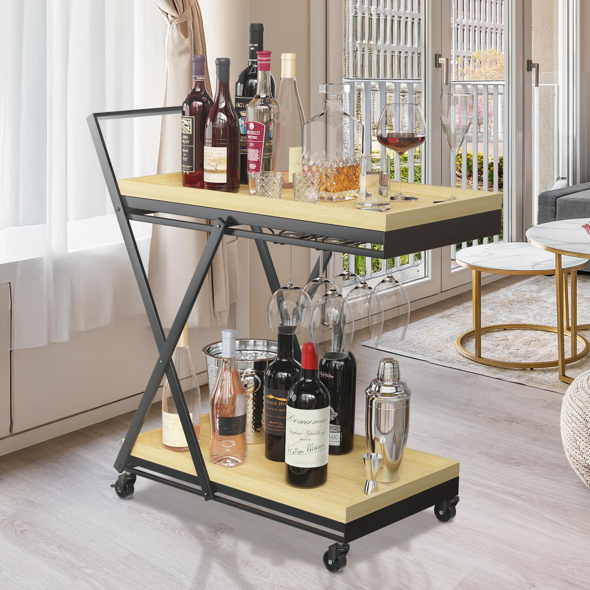 Bar Cart with Wheels - Rolling Kitchen Coffee Service, Wooden Trays, Portable Liquor & Beverage Storage, Mobile Snack & Drink Station - Perfect for Home Entertaining, Parties & Kitchen Organization