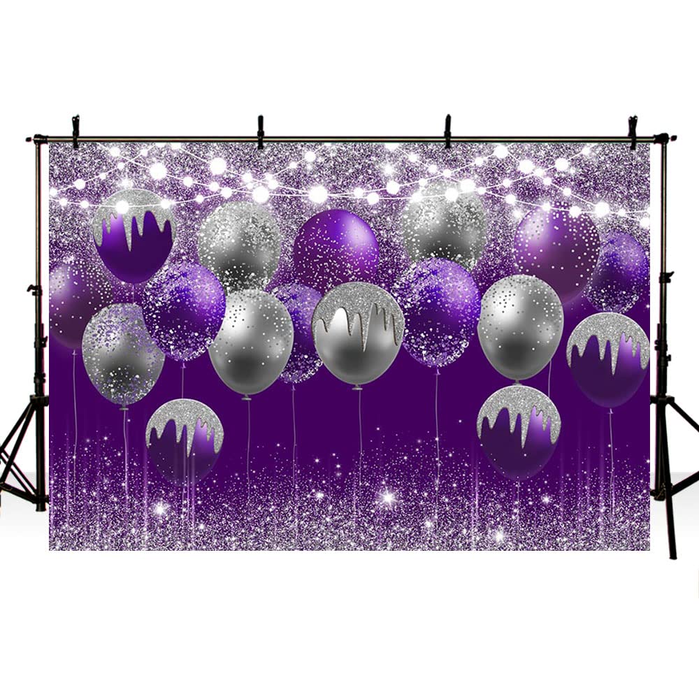 MEHOFOND 7x5ft Glitter Purple & Silver Balloon Photography Backdrop - Vinyl Background for Birthday, Wedding, Prom, Graduation Party Decor - Perfect for Cake Table, Photoshoot & Banner Displays