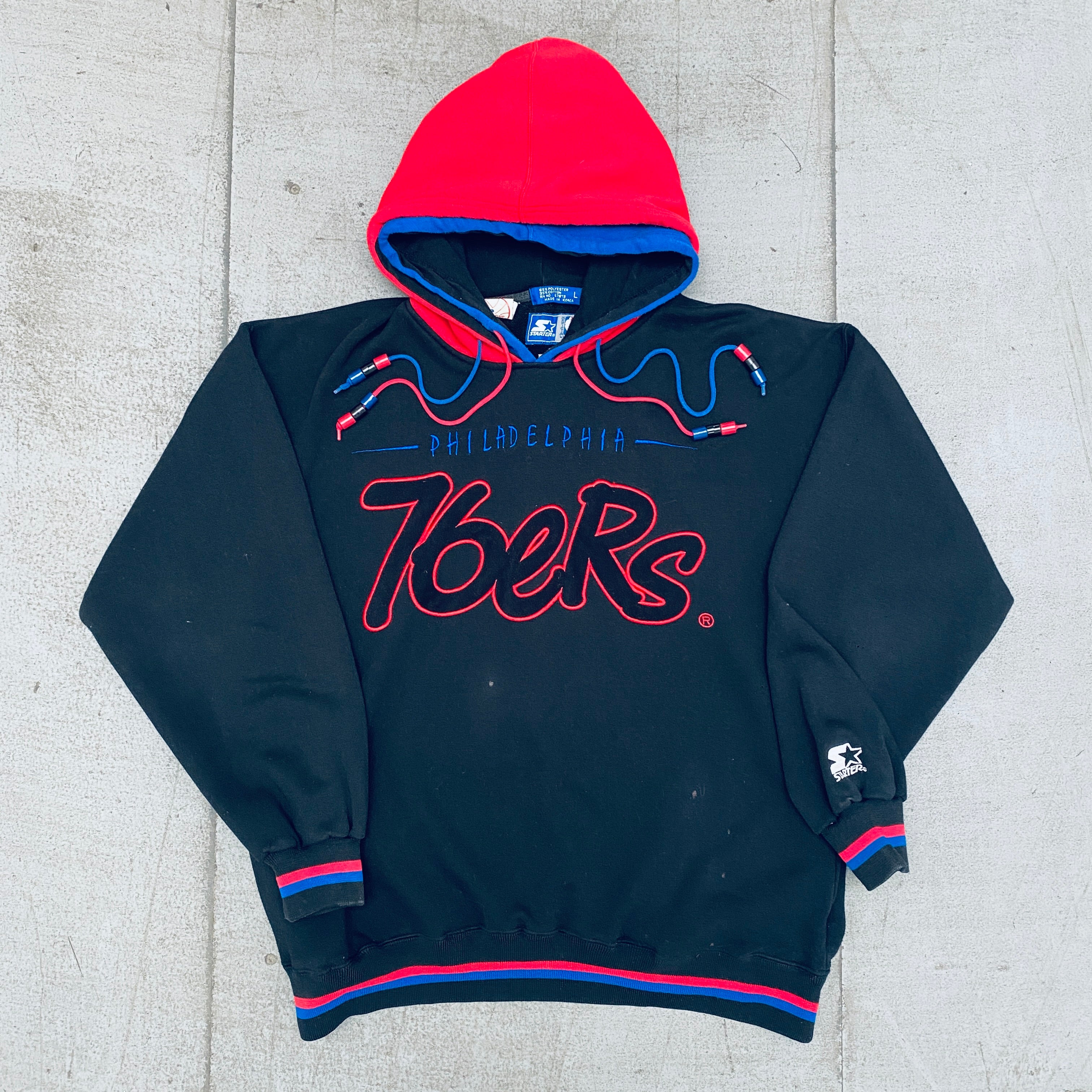 Philadelphia 76ers 1990s Blackout Graffiti Spellout Double Hooded Starter Hoodie - XL Size Vintage NBA Basketball Fan Apparel for Men - Perfect for Game Day, Streetwear & Retro Sports Fashion