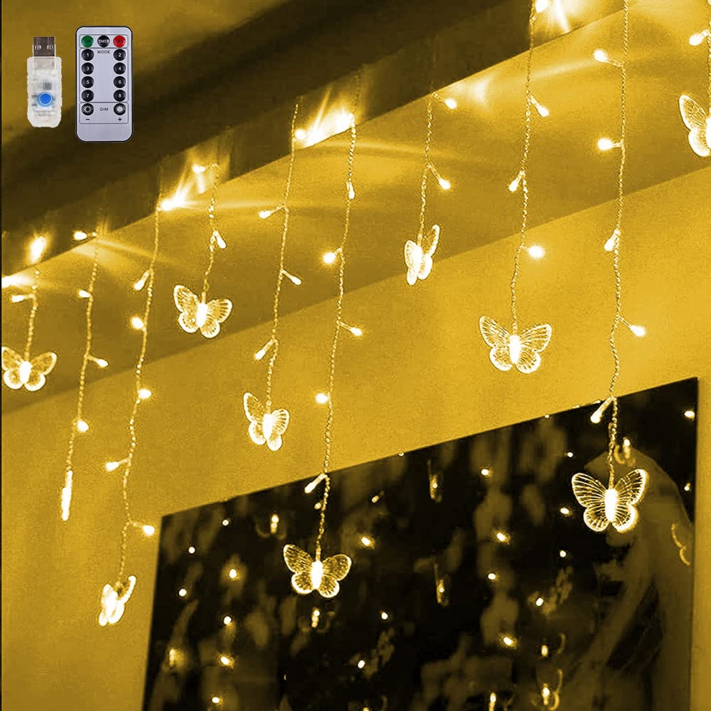 60 LED Butterfly Curtain Lights - 13.1FT USB Powered Fairy String Lights with Remote & 12 Butterflies, 8 Lighting Modes, Waterproof for Indoor/Outdoor Use - Perfect for Bedroom Decor, Christmas Lights, Holiday Party, Wedding & Garden Decoration (Warm White)