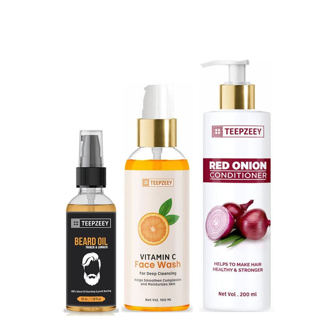 TEEPZEEY Beard Growth Oil for Thicker & Longer Facial Hair - 50ml | Vitamin C Face Wash for Deep Cleansing & Brightening - 100ml | Red Onion Hair Conditioner for Stronger, Healthier Locks - 200ml | Grooming Kit for Men with Dry Skin & Thinning Hair | Perfect for Daily Beard Care & Scalp Nourishment