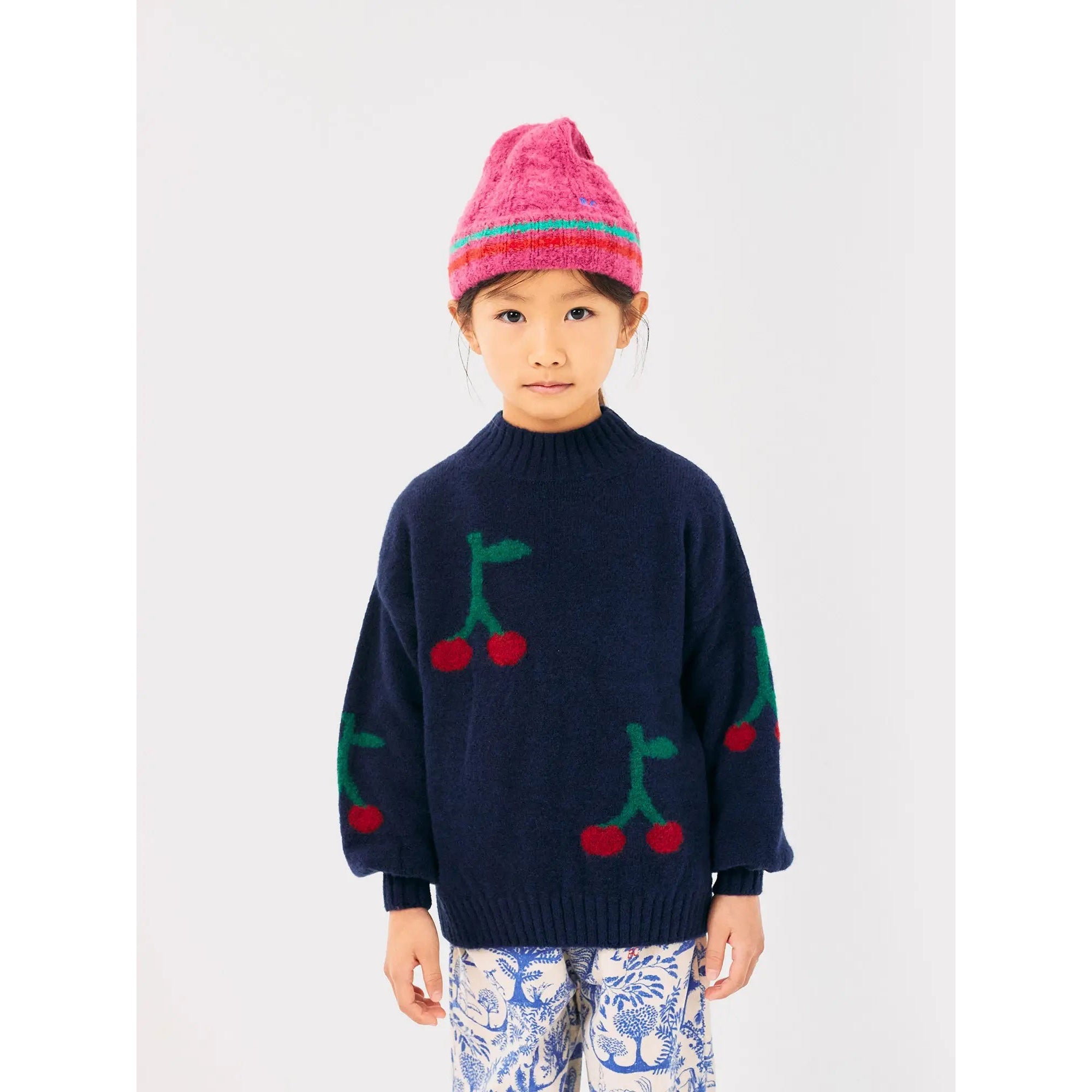 Bobo Choses Bobo Cherry Print Turtle Neck Jumper - Navy Blue Sweater for Women | Cozy Winter Fashion, Casual Outfit & Holiday Style
