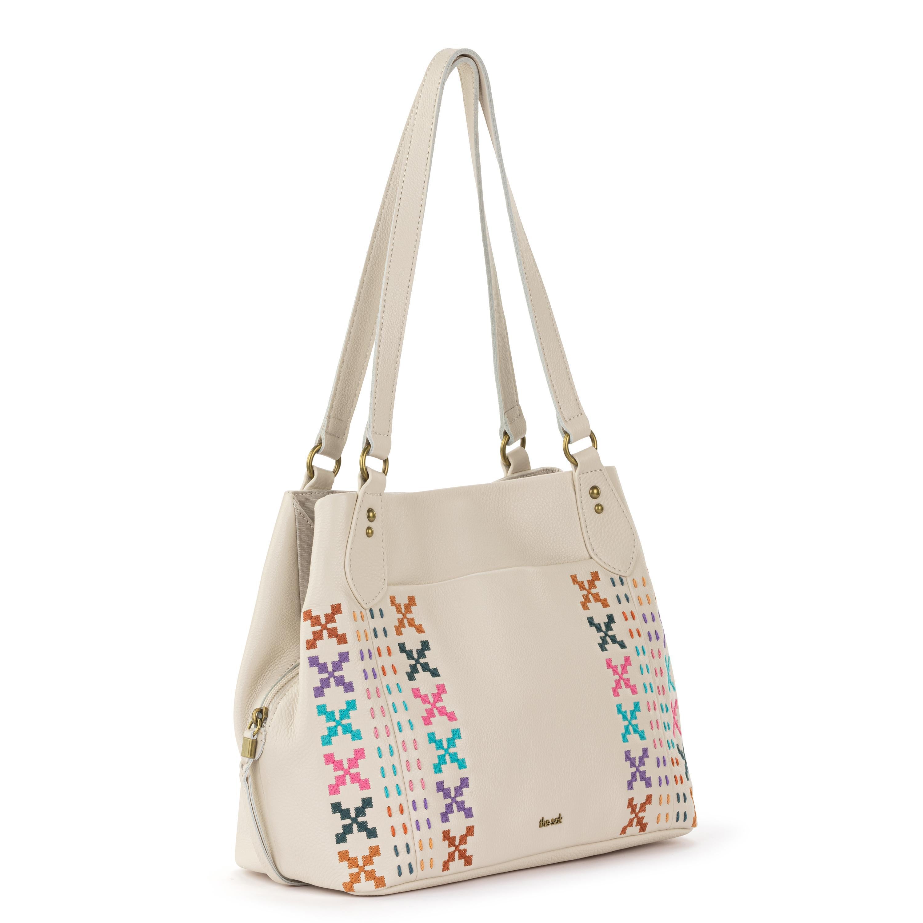 Stylish Melrose Satchel Handbag - Genuine Leather with Stone Multi Needlepoint Design - Perfect for Work, Travel & Everyday Use