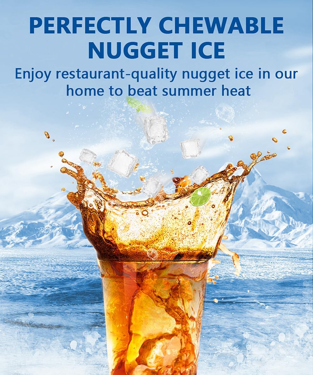 Joy Pebble Nugget Stainless Steel Ice Maker Machine - 10,000pcs/33lbs Daily Output, Portable Countertop Ice Maker with Self-Cleaning Function, Includes Ice Scoop & Basket (Silver) - Perfect for Home Bars, Parties, Offices and Outdoor Camping
