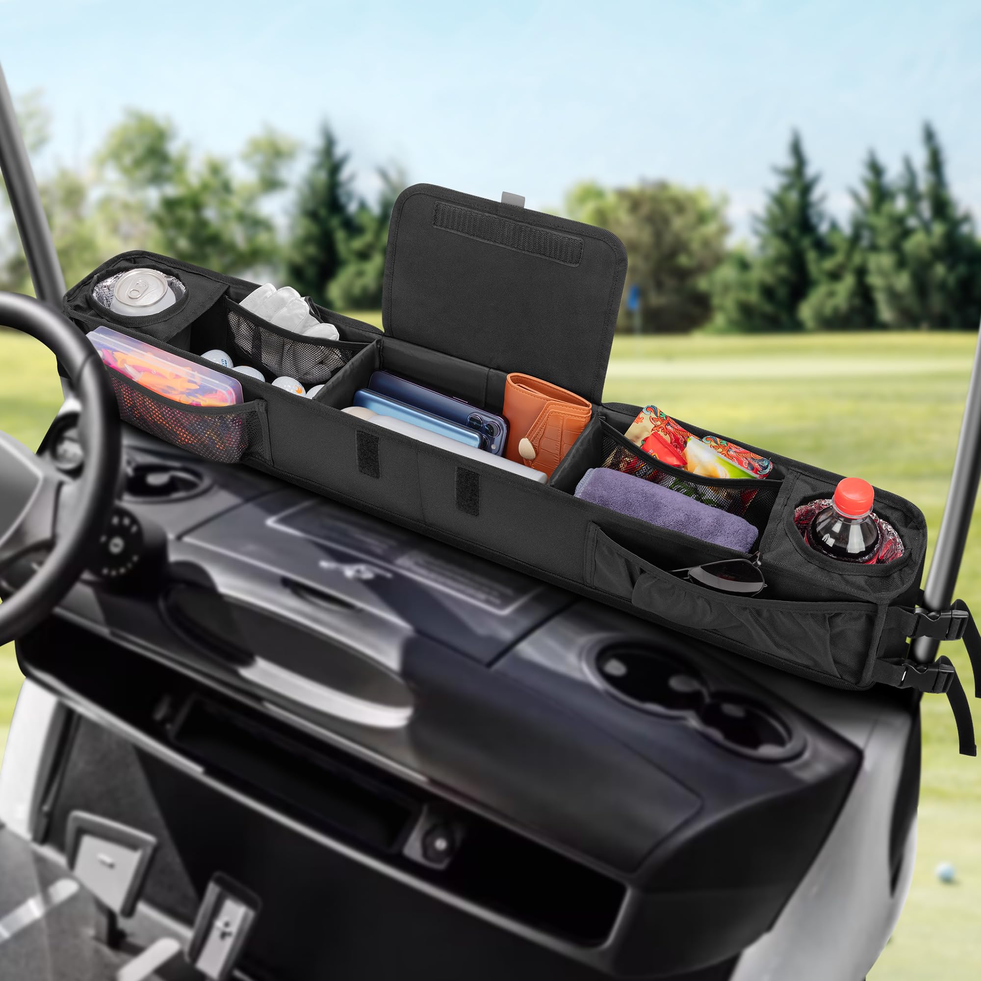 Golf Cart Front Storage Basket with Insulated Cup Holders - No-Drilling Dash Tray Organizer for EZGO, Club Car, Kandi Electric Golf Carts - Perfect for Golf Course, Camping & Outdoor Storage Organization