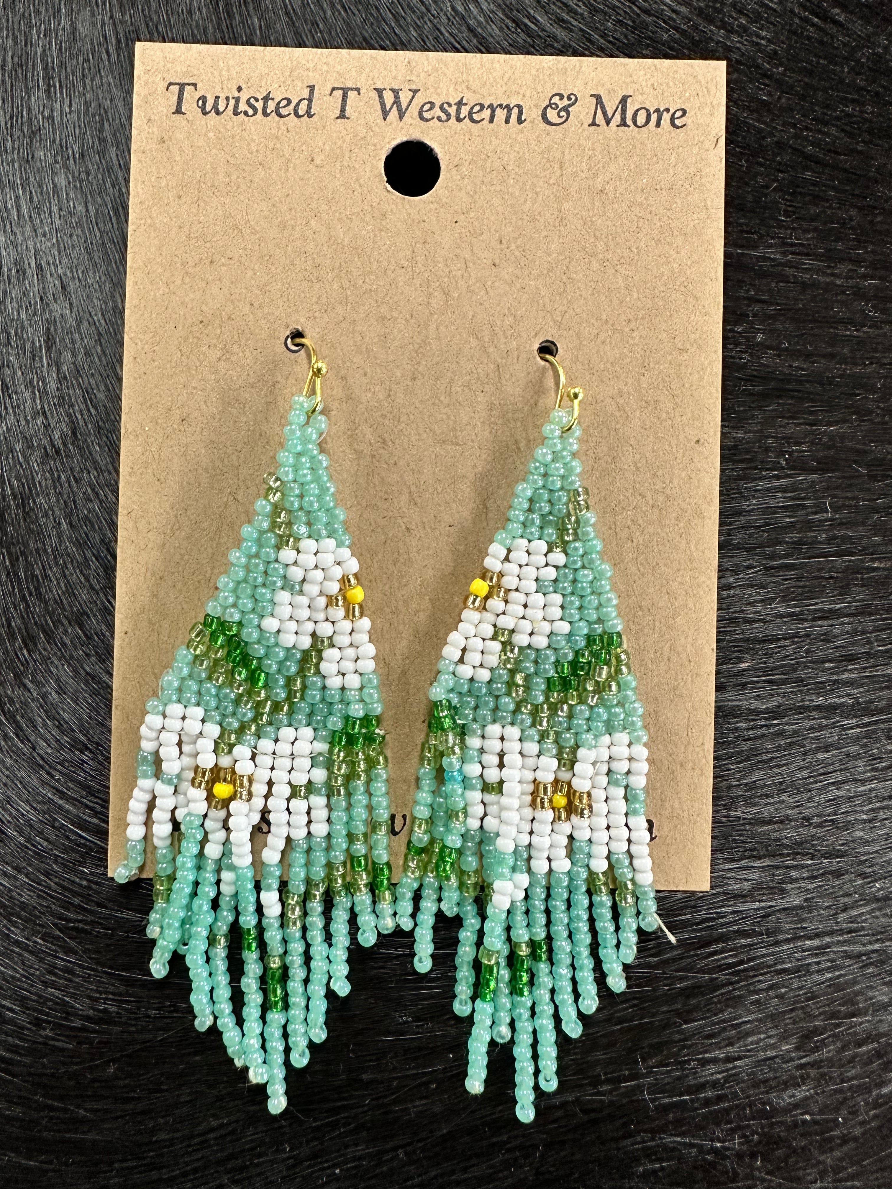 Mint Green Floral Seed Bead Fringe Drop Earrings for Women | Bohemian Handmade Dangle Earrings | Perfect for Summer Festivals, Weddings & Boho Fashion