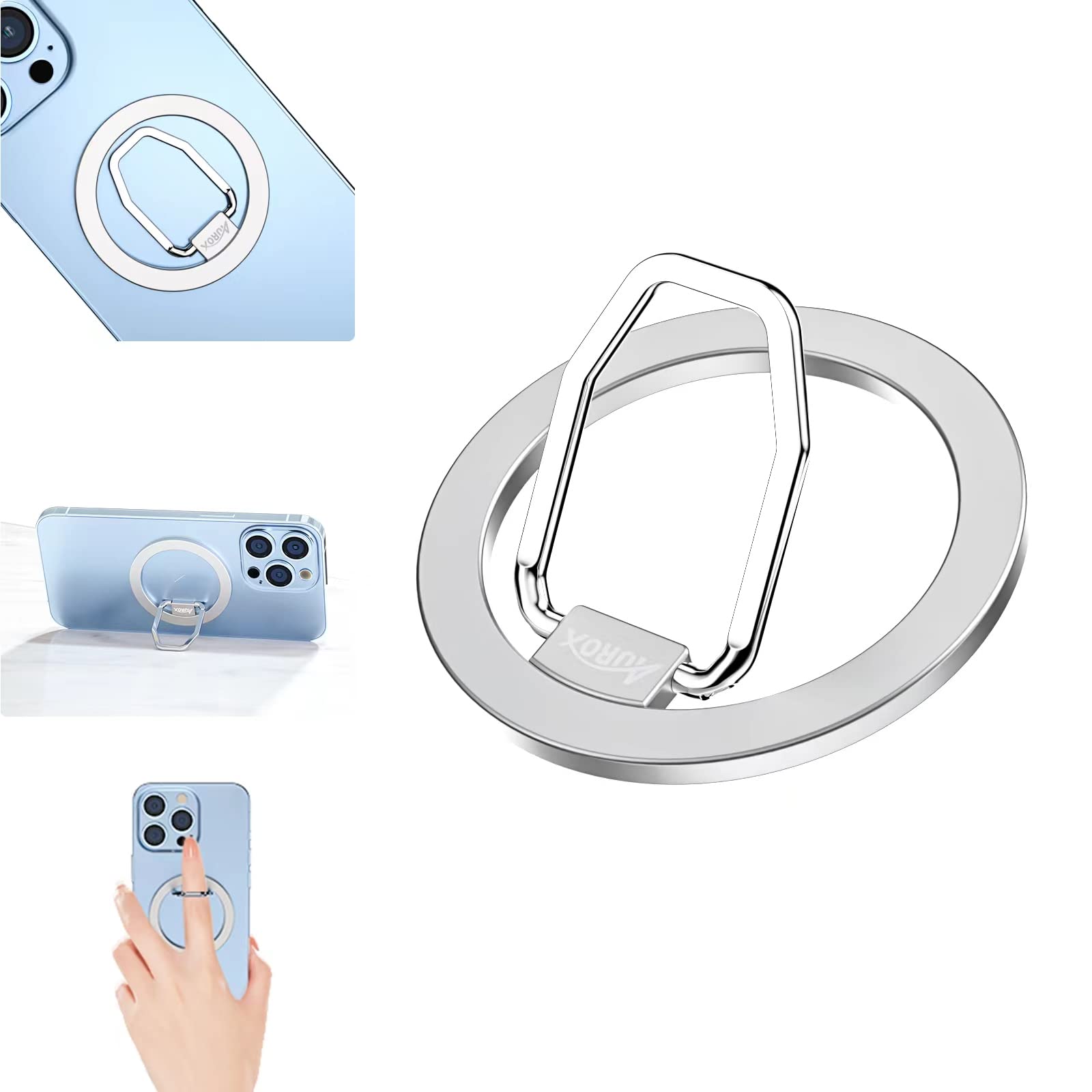 AUROX Magnetic Phone Grip with Magsafe Ring Holder - Adjustable & Secure for iPhone 16/15/14/14 Pro/14 Pro Max/14 Plus/13/13 Pro/13 Mini/13 Pro Max/12/12 Pro/12 Mini/12 Pro Max (Silver) - Perfect for One-Handed Use, Gaming, and Video Watching