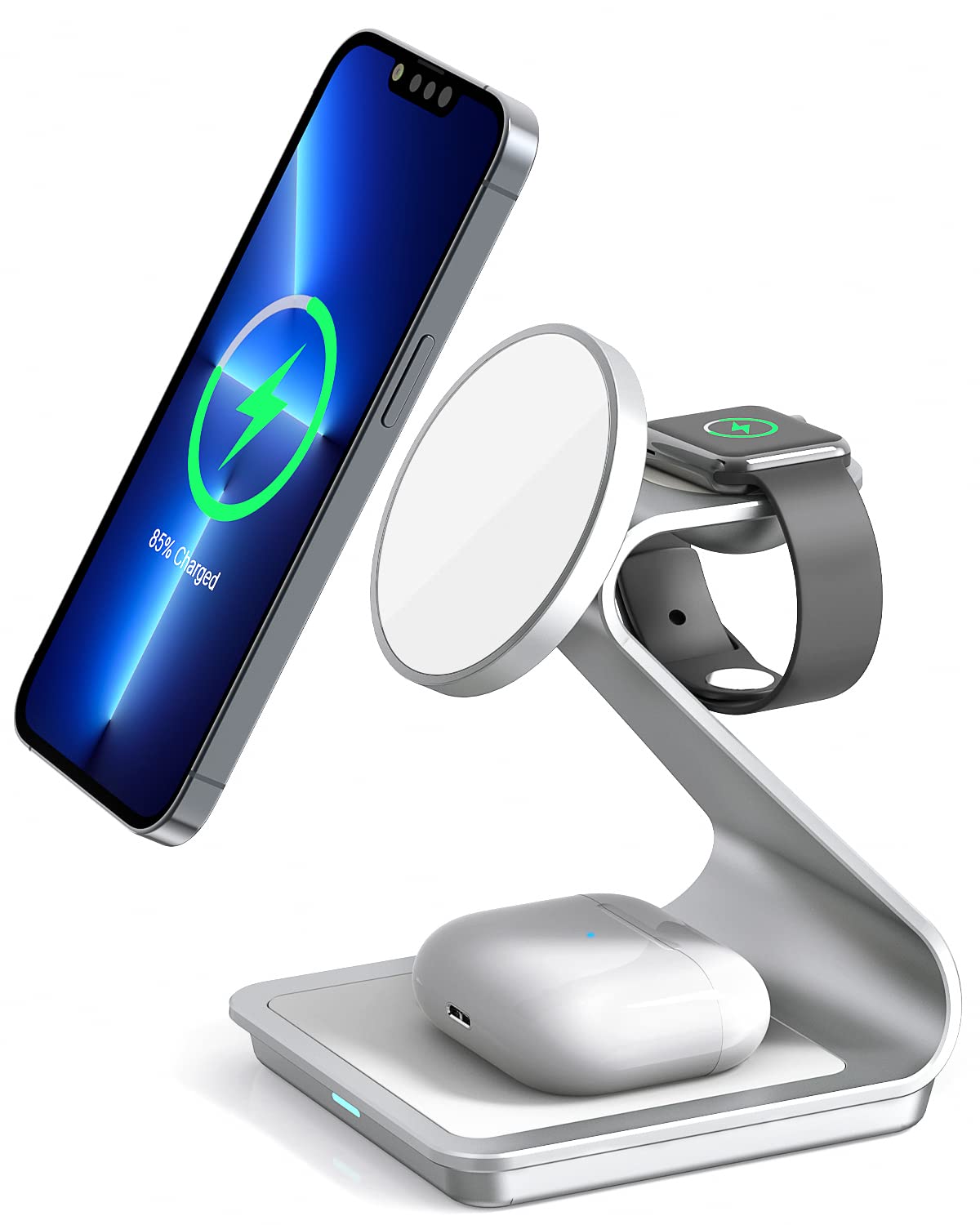 3 in 1 Wireless Charger for MagSafe - Aluminum Alloy Charging Station for iPhone 14/13/12, Apple Watch & AirPods Pro/3/2 - Includes Cable & Wall Charger (Silver) | Perfect for Home, Office & Travel Charging