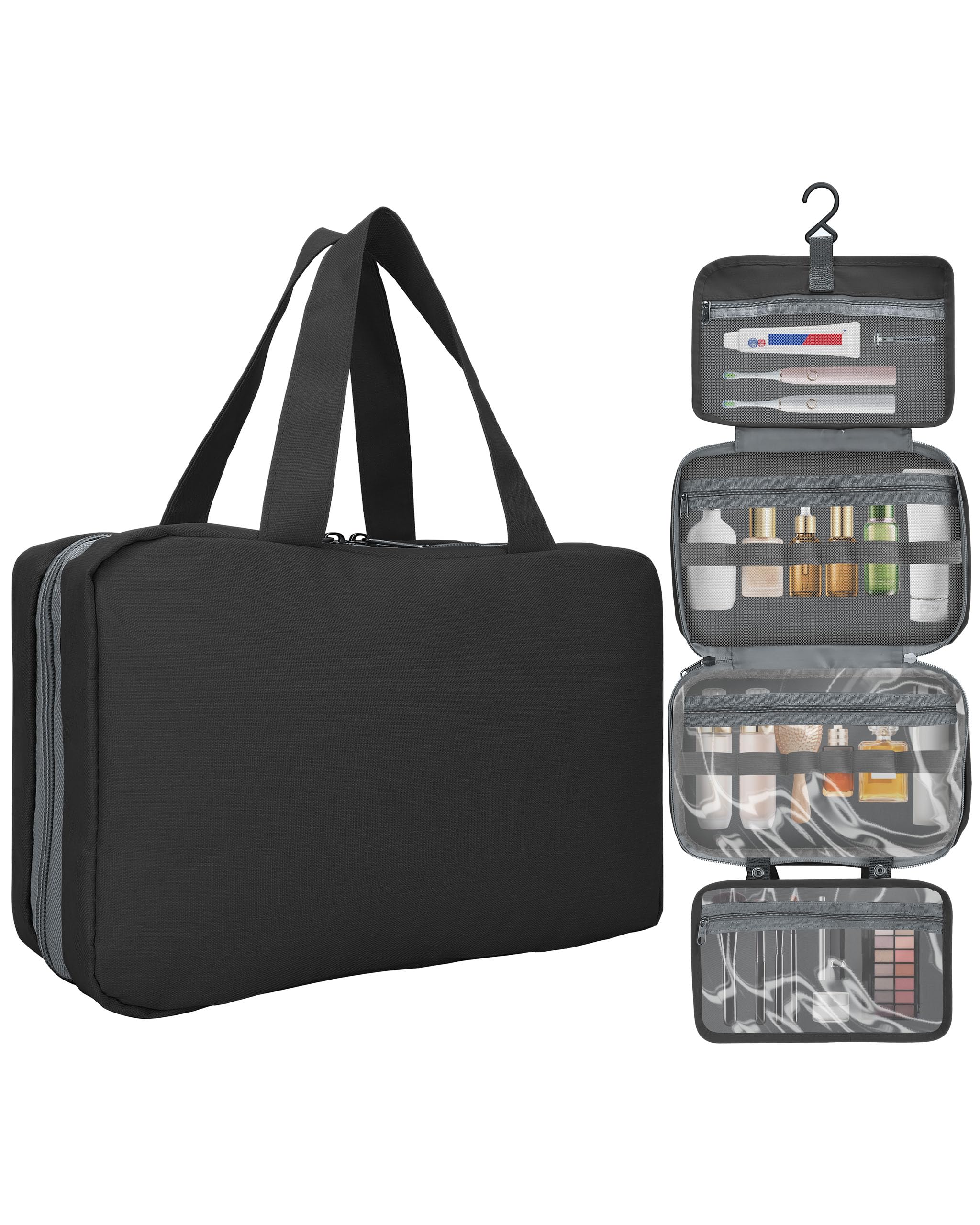 Hanging Travel Toiletry Bag - Large 3-in-1 Waterproof Cosmetic Organizer with Hook for Shampoo, Full-Size Toiletries & Makeup | Perfect for Air Travel, Camping & Gym Essentials (Black)