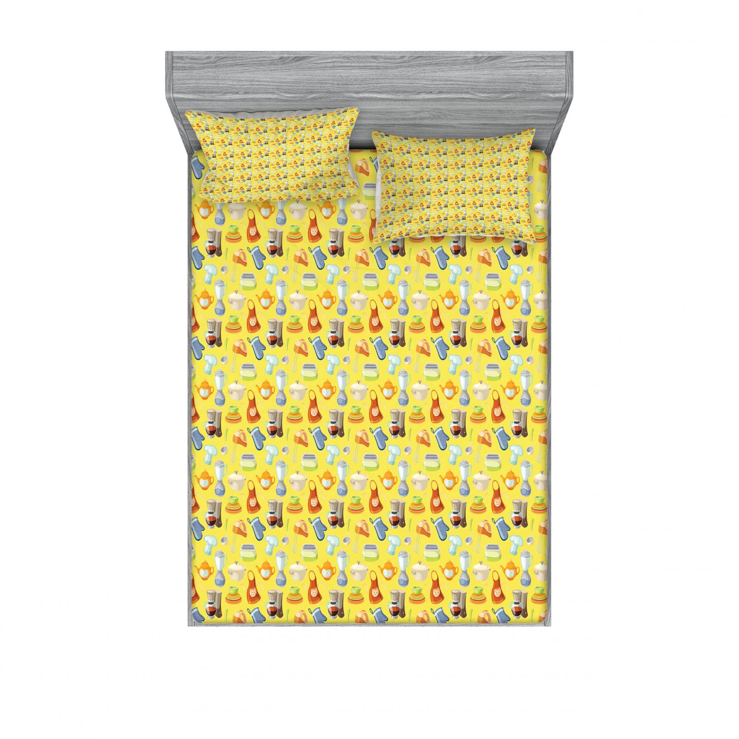 Ambesonne 2-Pack Fitted Sheet & Pillow Sham Set - Vibrant Yellow Kitchen-Themed 4-Piece Bedding Decor | Includes 2 Twin XL Fitted Sheets & 4 Pillow Covers | Perfect for Dorm Rooms, Guest Beds & Themed Kitchen Decorations