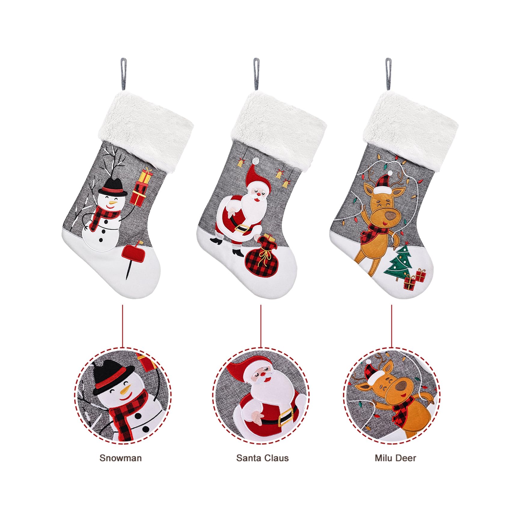 CARAKNOTS 3-Pack Grey Burlap Christmas Stockings with Embroidery Applique - Santa, Snowman & Elk Designs, Faux Fur Trim, Large Size for Kids, Family & Baby - Perfect for Fireplace Xmas Decor & Holiday Gift Giving