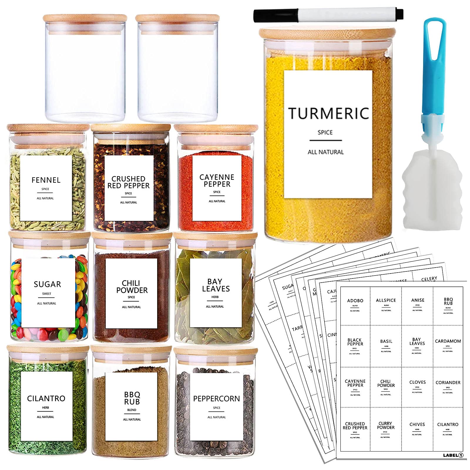 AISIPRIN 12-Piece Glass Spice Jars Set with Bamboo Airtight Lids - 9oz Small Food Storage Containers for Kitchen, Coffee, Tea, Herbs & Spices - Includes 114 Labels, Marker & Brush - Perfect for Pantry Organization & DIY Seasoning Blends