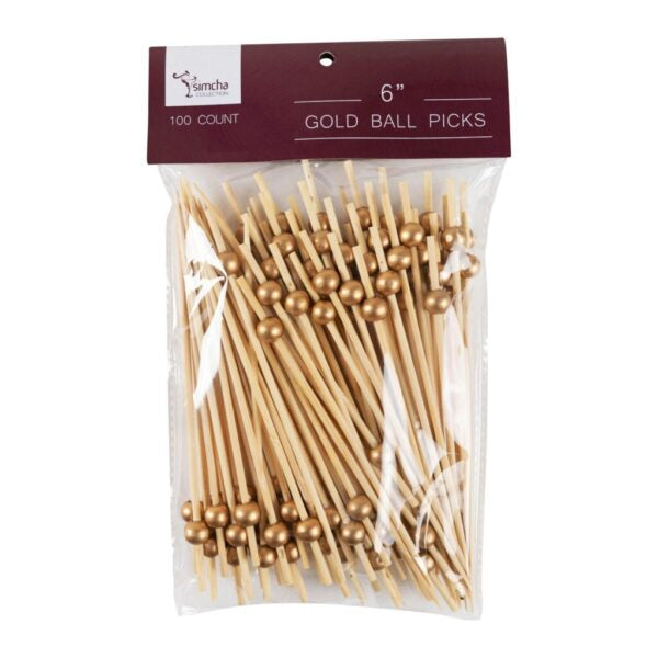 6 Inch Bamboo Gold Ball Picks - 100 Count Floral Arrangement Supplies for Wedding, Party, and Home Decor
