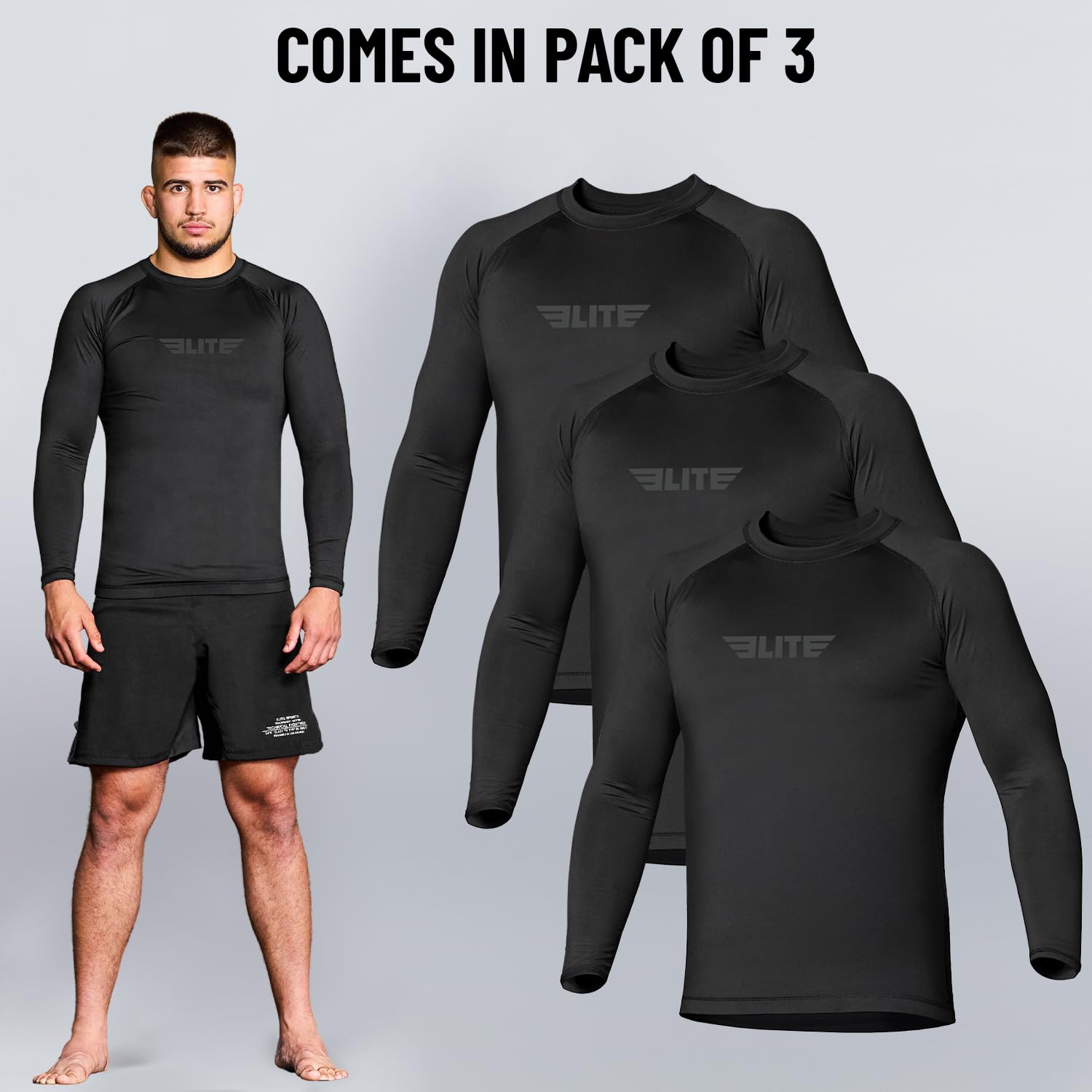 Elite Sports Men's BJJ Rash Guard - Long Sleeve Compression Shirt for Jiu Jitsu, MMA & NoGi Training - Moisture Wicking & UV Protection for Grappling, Wrestling & Martial Arts