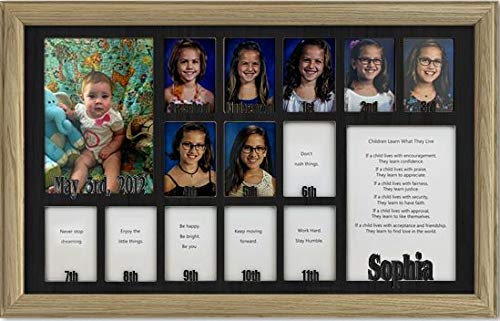Personalized Northland School-Years Picture Frame - Holds 12 (2.5x3.5) School Photos & 2 (5x7) Graduation/Birthday Pictures - Unfinished Wood Frame with Black Insert - Custom Name Engraving - 12x20 Inches - Perfect for School Memories, Graduation Gifts & Family Photo Displays