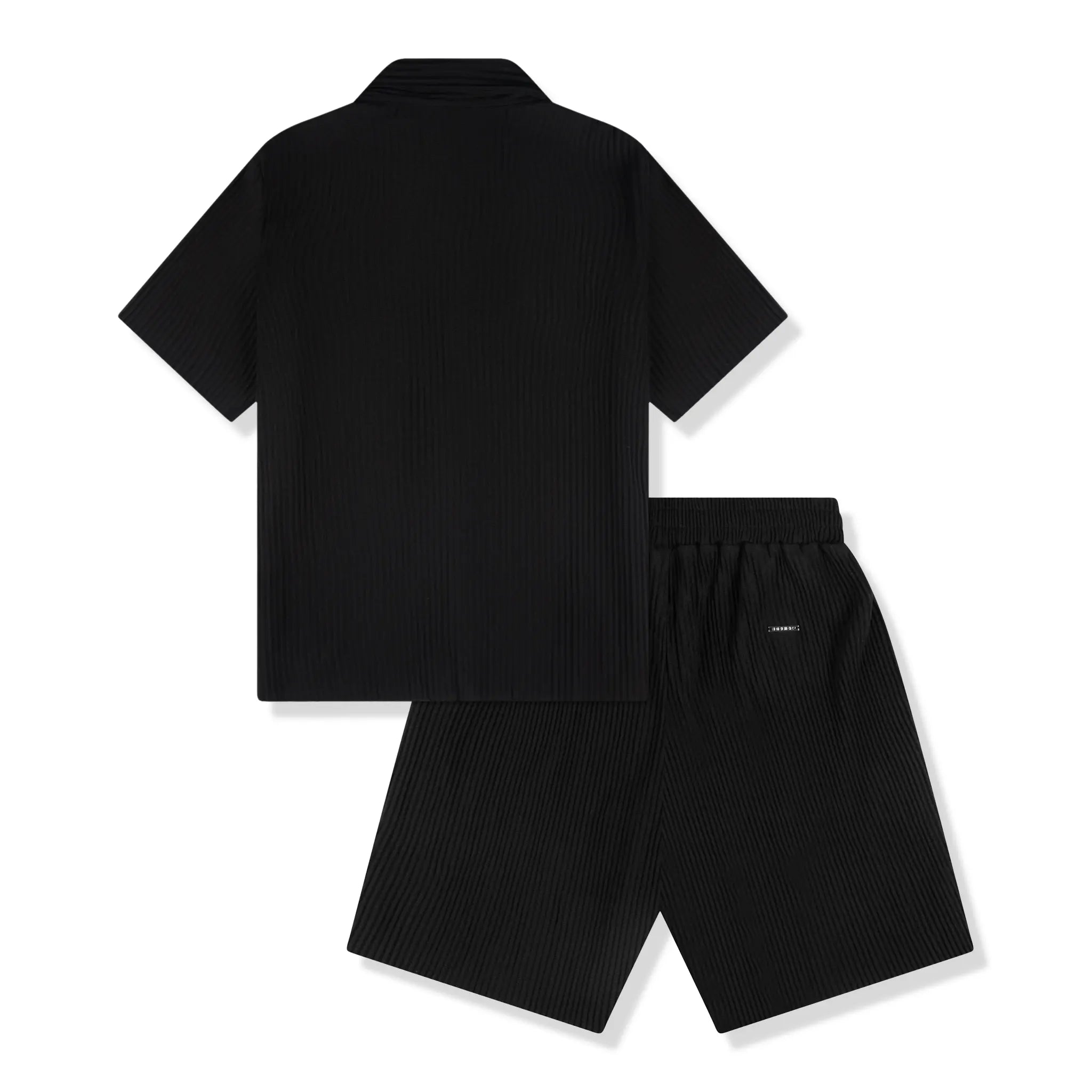 Belier Pleated Black Resort Shirt & Shorts Set - Stylish Summer Vacation Outfit for Men - Perfect for Beach, Poolside, and Tropical Getaways