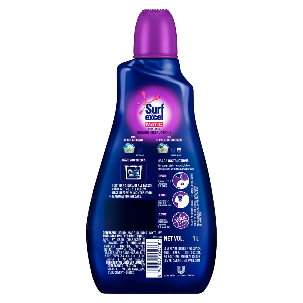 Surf Excel Matic Front Load Liquid Detergent 1L - Powerful Stain Remover for Washing Machines | Best for Tough Stains on Clothes, Sheets & Towels | Perfect for Families & Heavy Laundry Loads