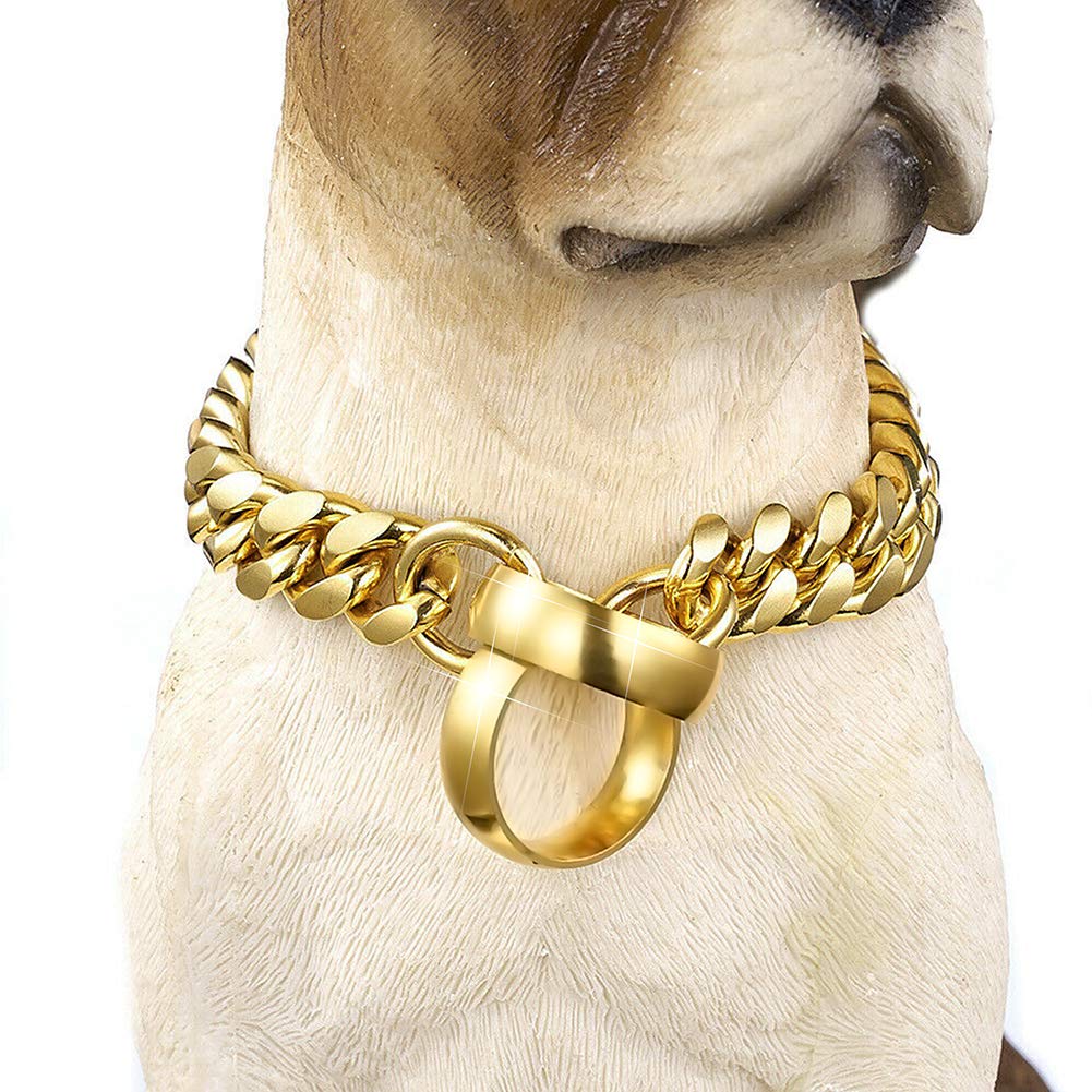 18K Gold Over Stainless Steel Heavy Duty Martingale Dog Collar - 14MM Cuban Link Chain for Large Breeds (12