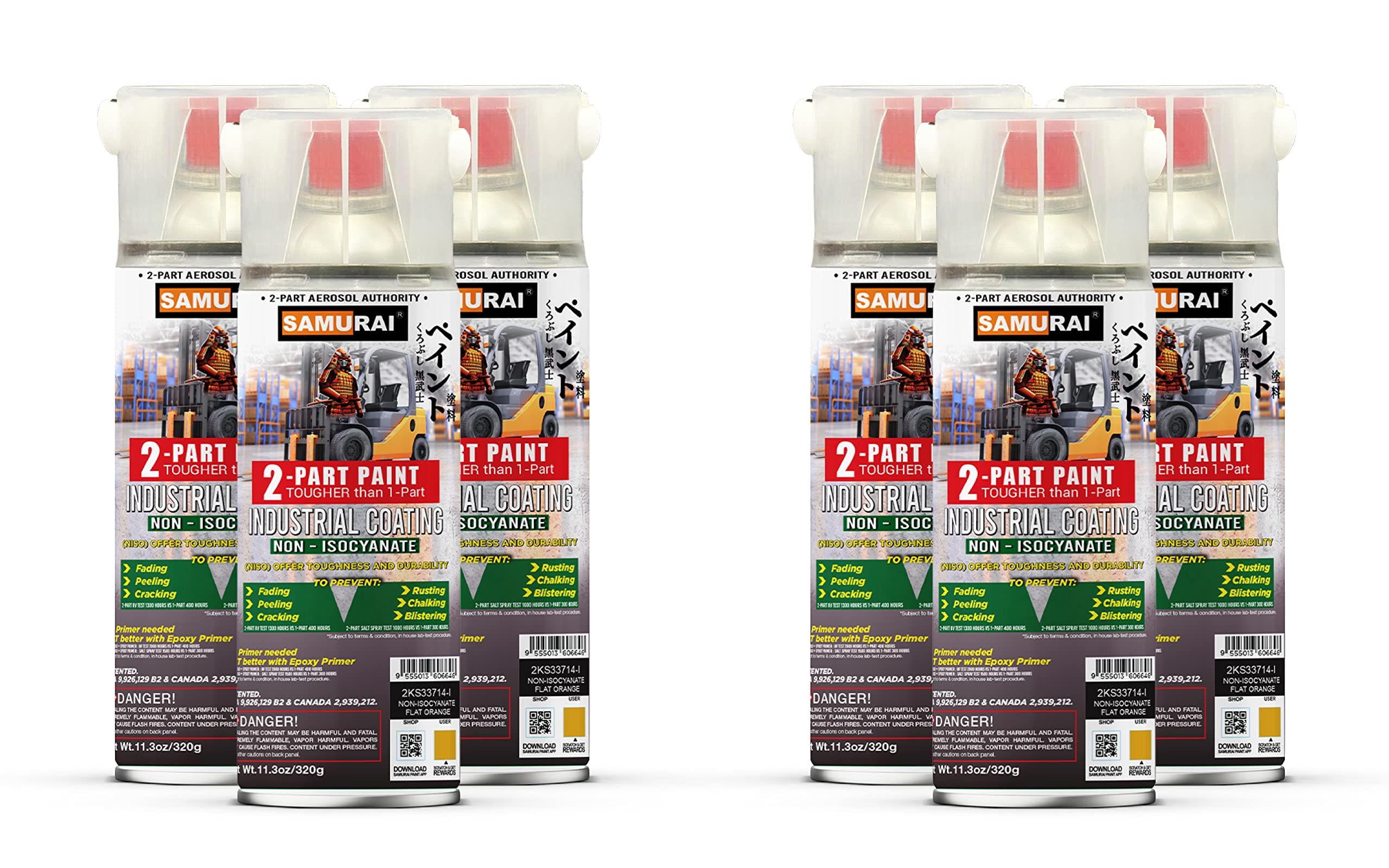 Industrial-Grade SAMURAI 2-Part Non-Isocyanate (NISO) Spray Paint - 11.3oz UV & Rust Resistant Coating (Yellow, 6-Pack) for Metal, Automotive & Machinery Protection