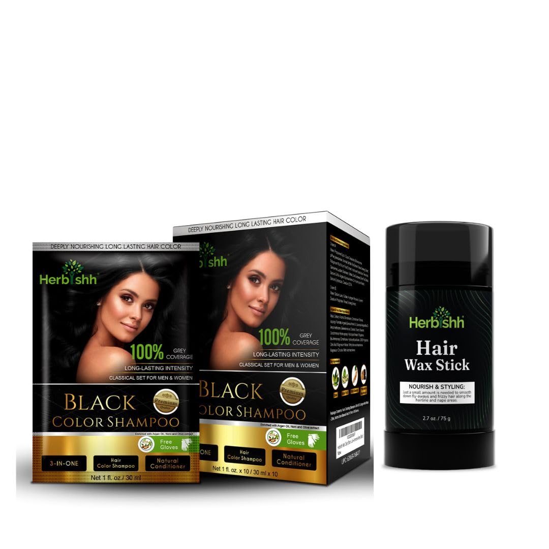 Herbishh Gray Hair Color Shampoo (Black) & Hair Wax Stick - Natural Hair Dye for Women & Men - Covers Gray Hair Instantly at Home or Salon