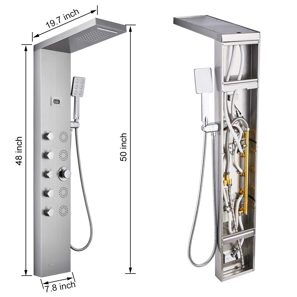 **MENATT 5-in-1 Shower Panel Tower System - SUS304 Stainless Steel with 4 Body Massage Jets, Rainfall & Waterfall Shower Head, Handheld Shower & Bathtub Spout - Perfect for Spa-Like Bathroom Upgrades & Luxury Shower Experience**