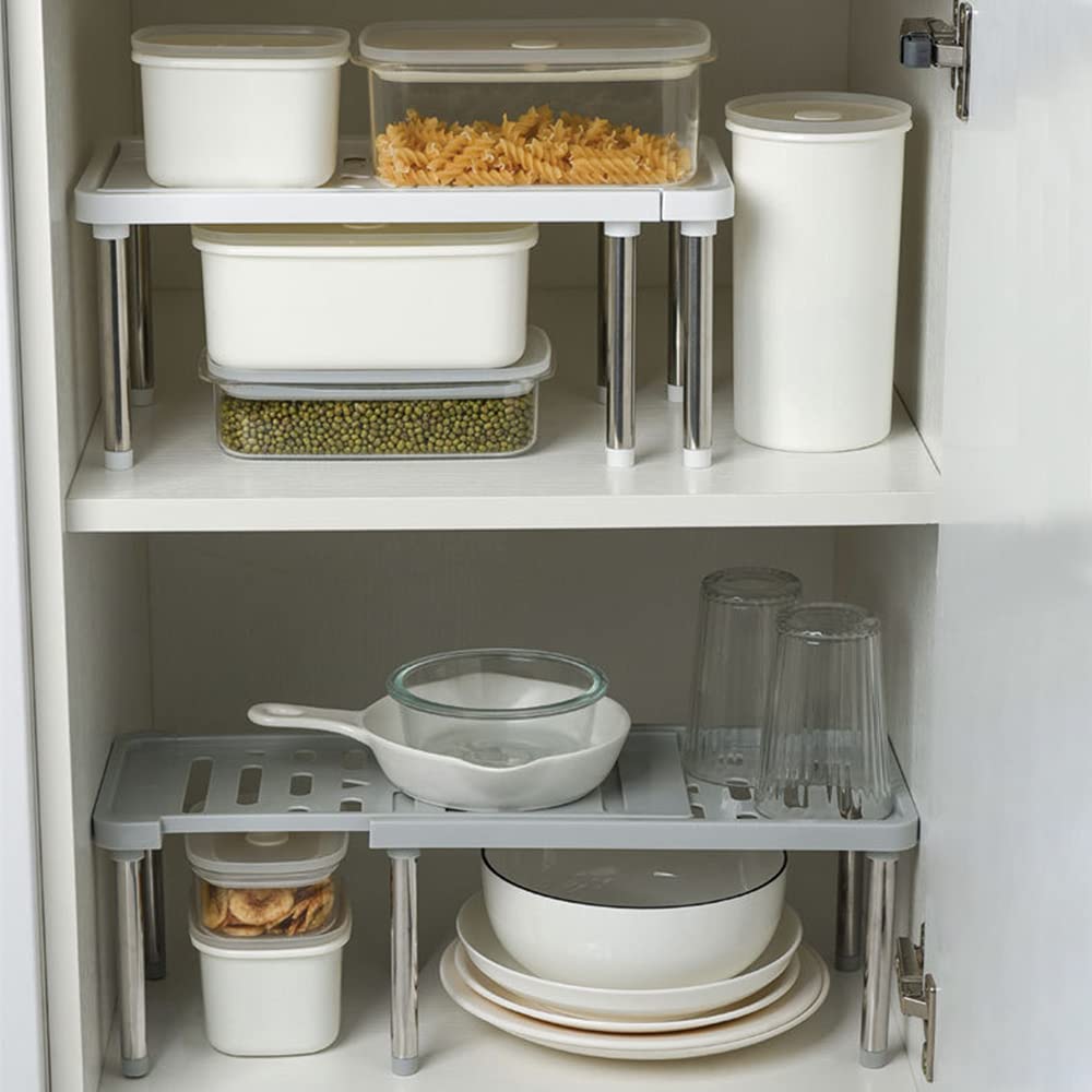 1 Pack Expandable Cabinet Organizer Shelf - 13.8 x 6.9 x 5.9 Inches Kitchen Cupboard Organizer, Free Standing Spice Rack, Retractable Storage Shelf for Bathroom, Countertop, Pantry (White) - Perfect for Small Space Organization in Kitchen, Bathroom & Closet