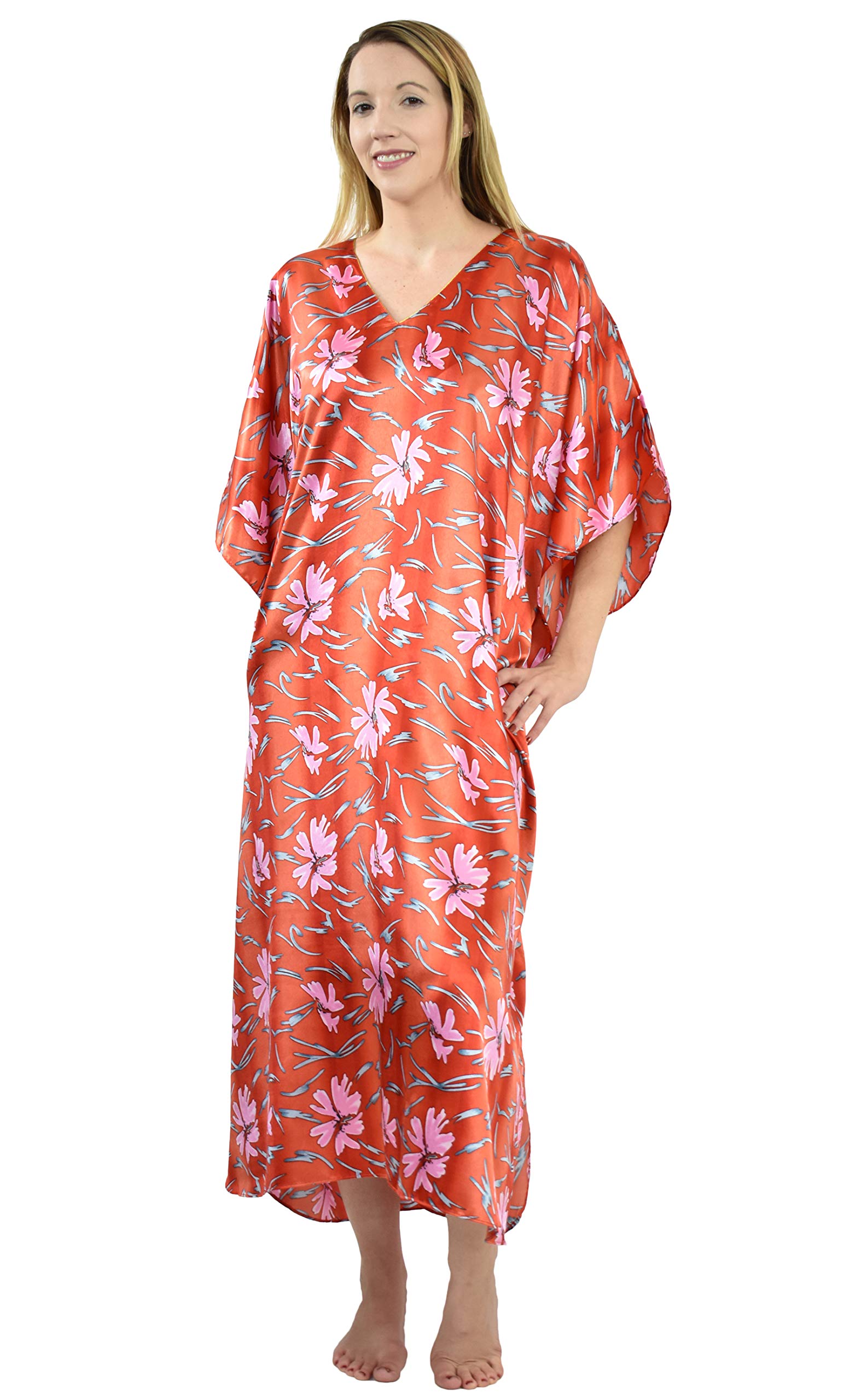 Up2date Women's Satin Caftan Dress - Red Underwater Lilies Print, Elegant Loose Fit Beach Cover Up, Plus Size CAF-46C5 | Perfect for Pool Parties, Vacations & Summer Outfits