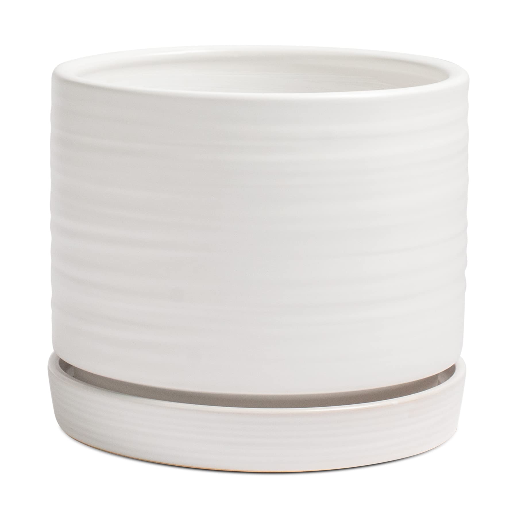 8 Inch Ceramic Plant Pots with Drainage Hole & Saucer - Indoor/Outdoor Cylinder Planter for Succulents, Herbs, Flowers - Modern Matte White Round Flower Pot for Home, Office, Garden Decor