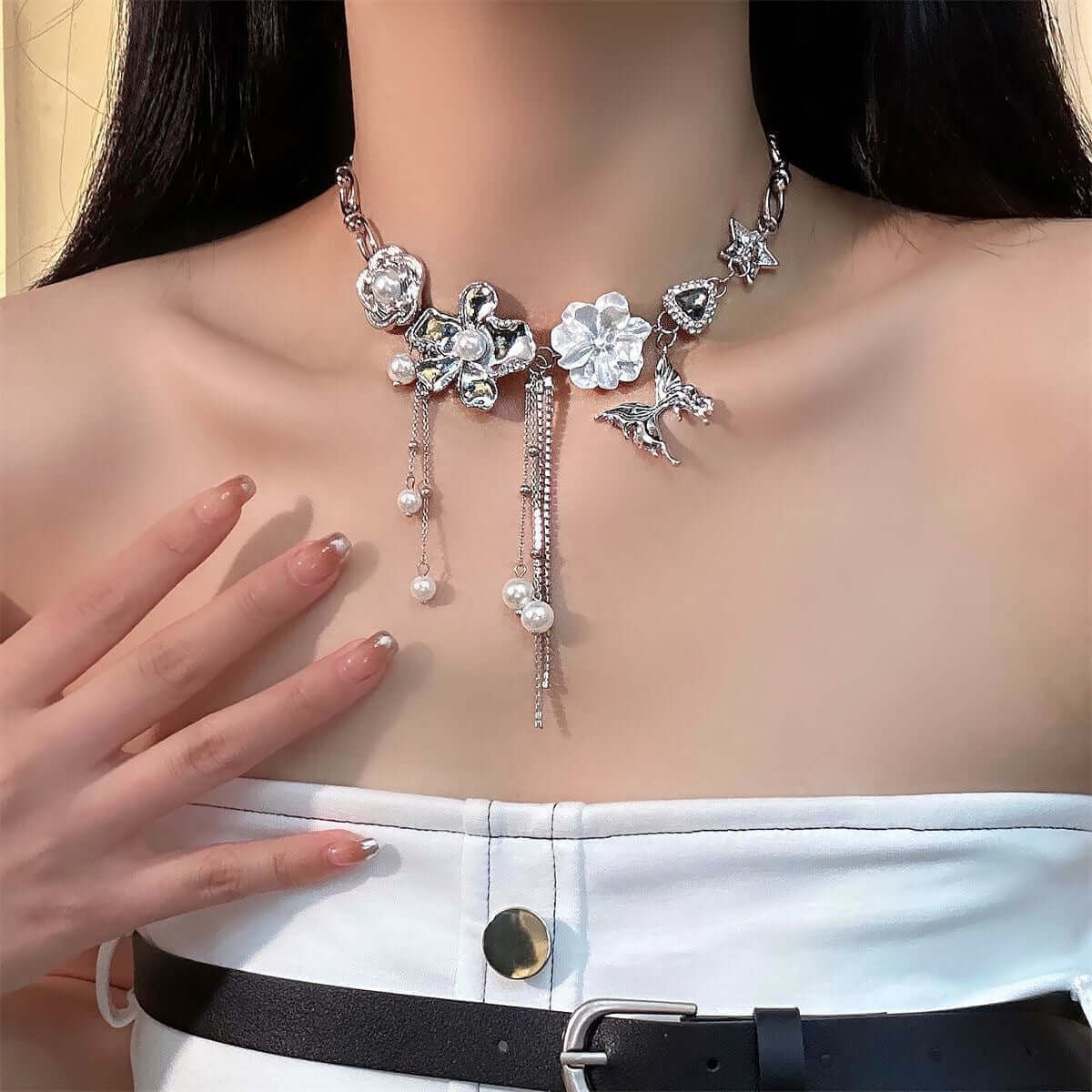 Y2K Metallic Butterfly Pearl Choker Necklace with Tassel - Vintage 90s Retro Fashion Jewelry for Women | Perfect for Parties, Concerts & Festivals