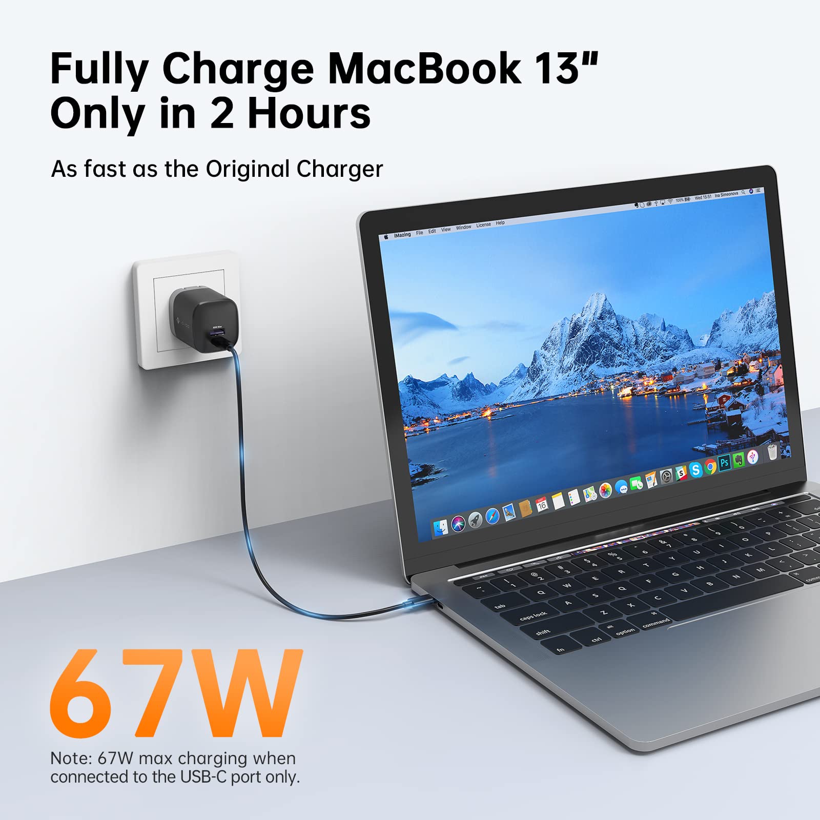 NOVOO 67W GaN Fast Charger with 2-Port USB C PD - Compact Wall Charger for MacBook Pro/Air, iPad Pro, Pixel 7, Dell XPS 13, iPhone 14, Galaxy S23 (Black) | Perfect for Travel, Office & Home Use