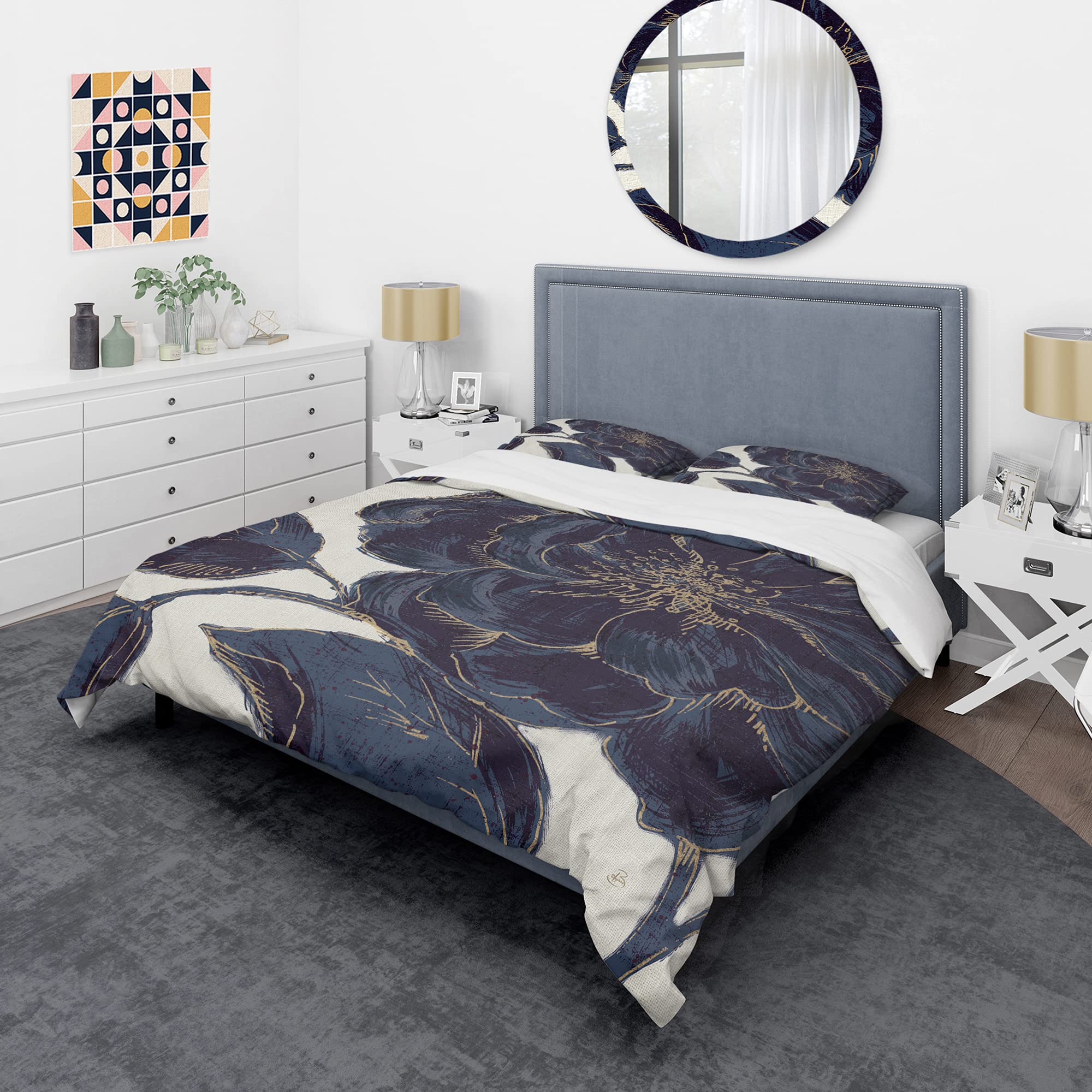 DesignQ Dark Rose Gilded Gold Shabby Chic Duvet Cover Set - Queen Size Blue Floral Bedding (3-Piece) | All-Season Comfort for Vintage Bedroom Decor | Perfect for Master Bedrooms, Guest Rooms & Cozy Cottage Style Homes