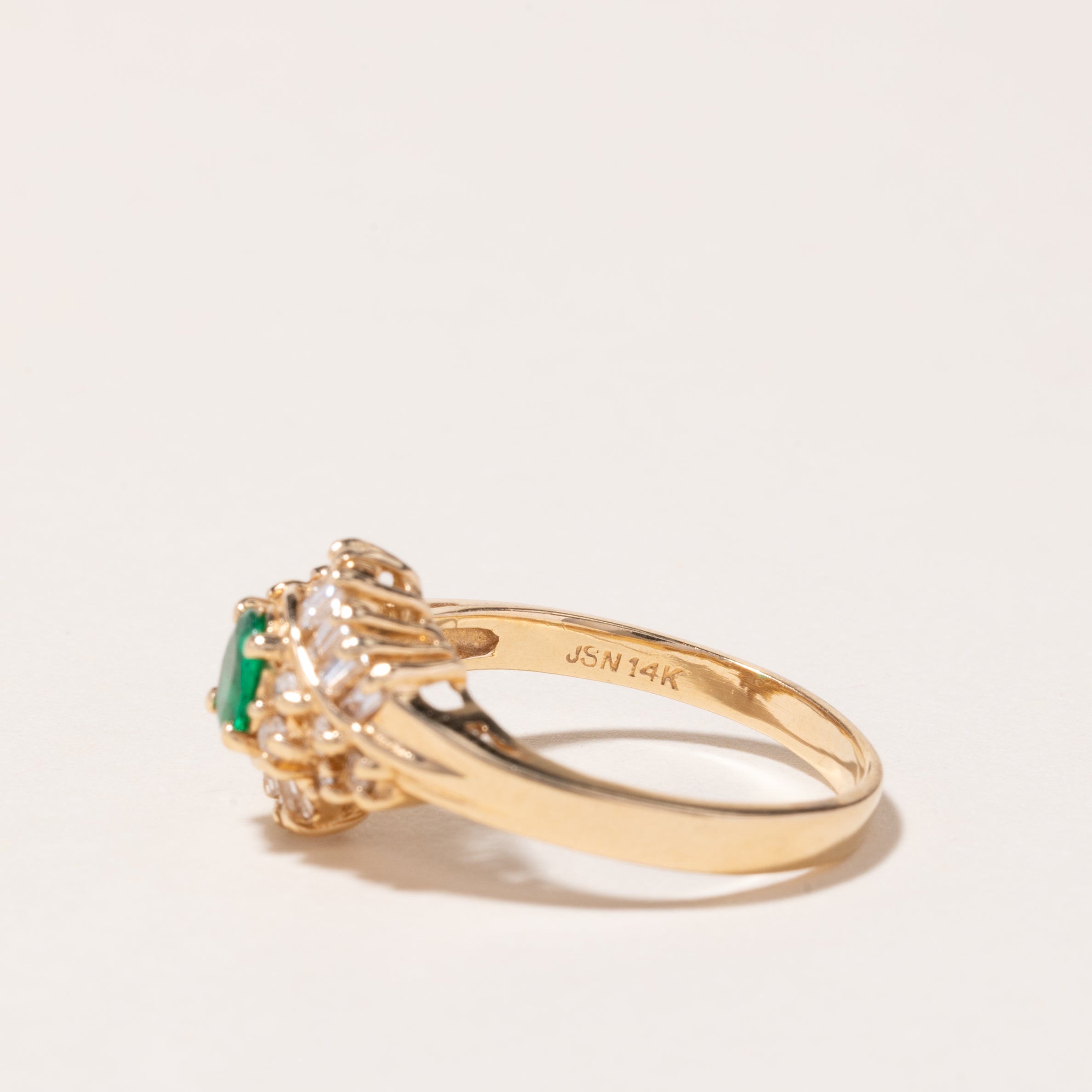 14K Yellow Gold Emerald and Diamond Cocktail Ring - 0.16ct Emerald & 0.54ctw Diamonds - Size 6.5 - Elegant Evening Party Jewelry for Women
