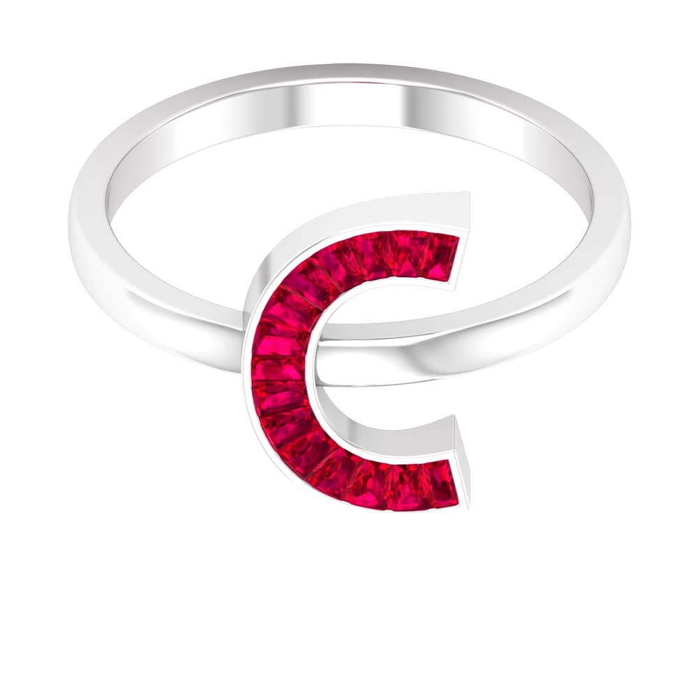 A-Z Alphabet Initial Rings - 14K White Gold Lab-Created Ruby Baguette Letter Rings for Women | Personalized Name Jewelry Gift for Birthday, Anniversary & Special Occasions