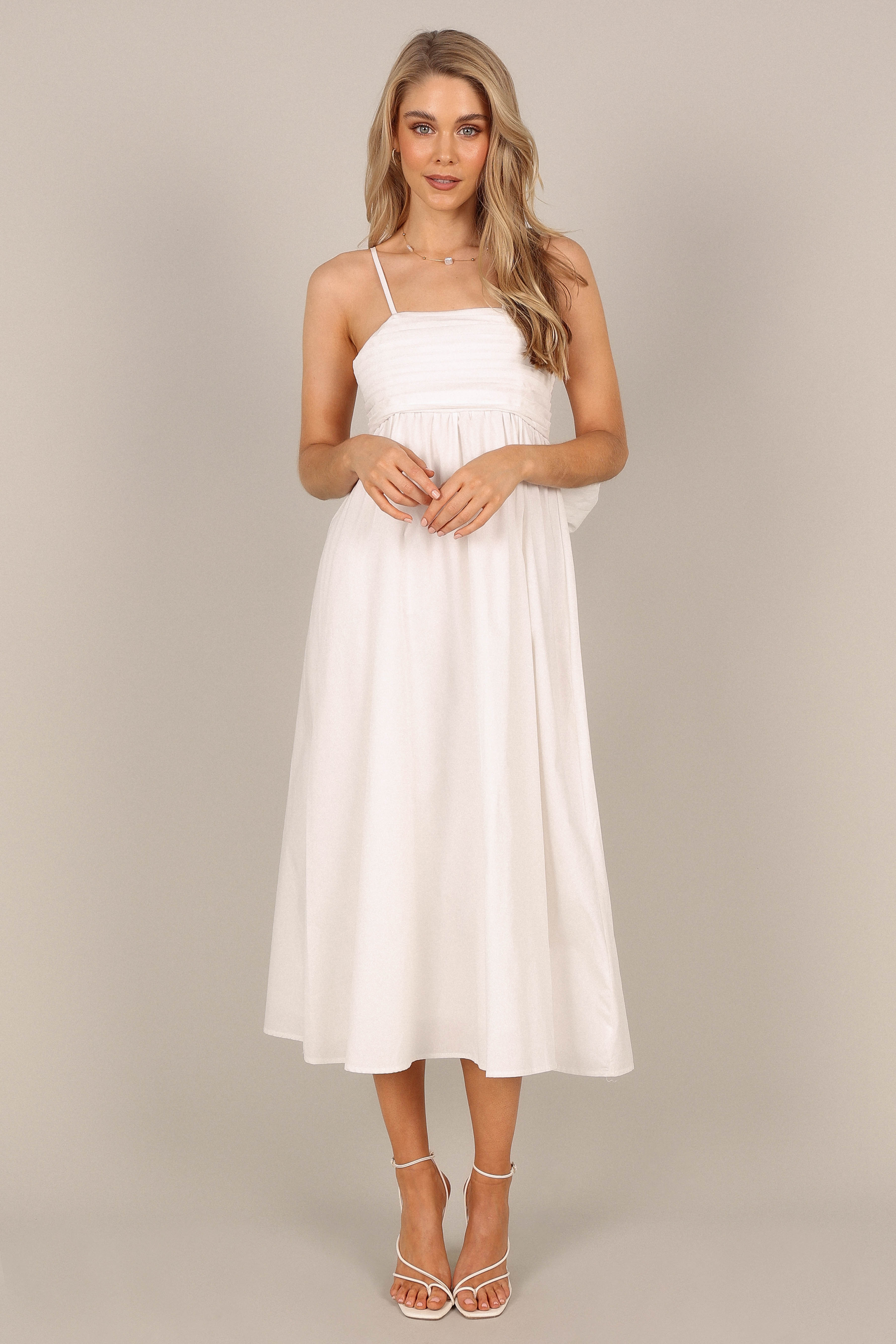Alice Bow Back Midi Dress - Elegant White Floral Summer Dress for Women, Perfect for Weddings, Parties & Date Nights