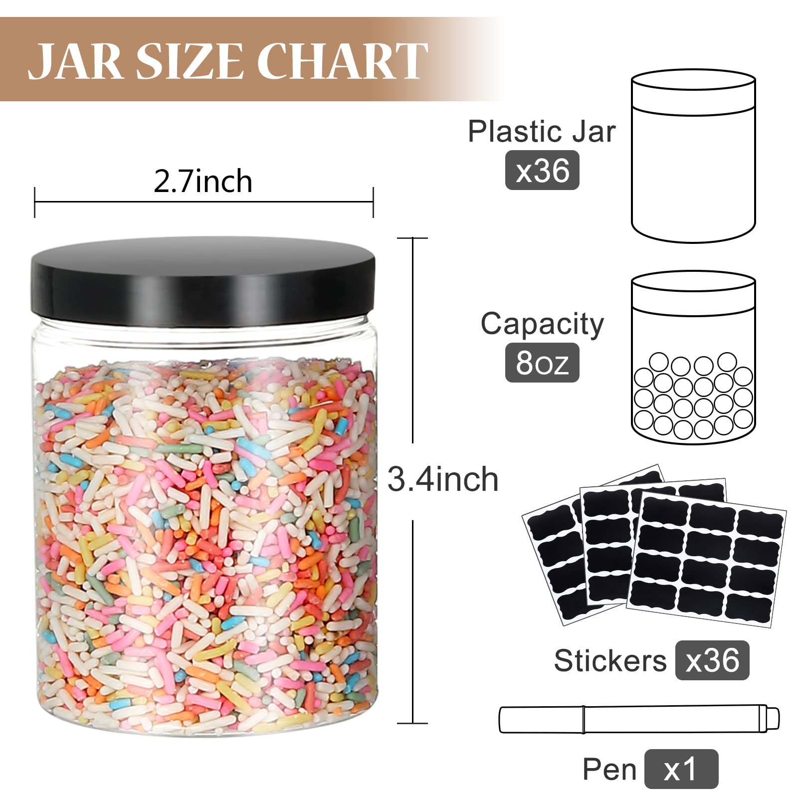 36Pcs 8oz Empty Plastic Jars with Screw-On Lids - Refillable Round Containers for Slime, Cosmetics & Food Storage - Includes Pen & Labels - Wide-Mouth Design for Easy Use - Perfect for DIY Crafts, Bath & Body Products, Kitchen Spices & Household Organization