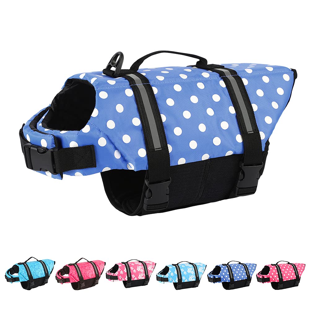 BALYLAS Adjustable Dog Life Jacket - High Buoyancy Pet Flotation Vest for Swimming, Boating & Beach Safety - Small/Medium/Large Dog Life Preserver (Blue Dot, XL) - Perfect for Water Activities & Outdoor Adventures