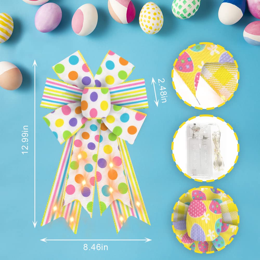 2 Pack LED Easter Bows for Wreaths - White & Yellow Burlap Ribbon Bows with Battery Operated Lights - Spring Holiday Decor for Front Doors, Easter Parties & Gift Wrapping (Includes Dotted Design)