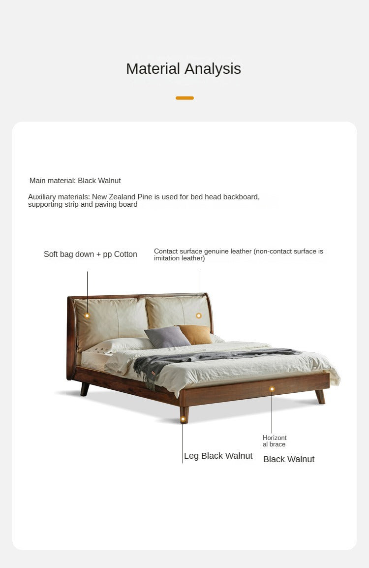 Premium Black Walnut Solid Wood Leather & Tech Fabric Bed Frame - Modern Platform Bed for Master Bedroom, Guest Room & Dormitory