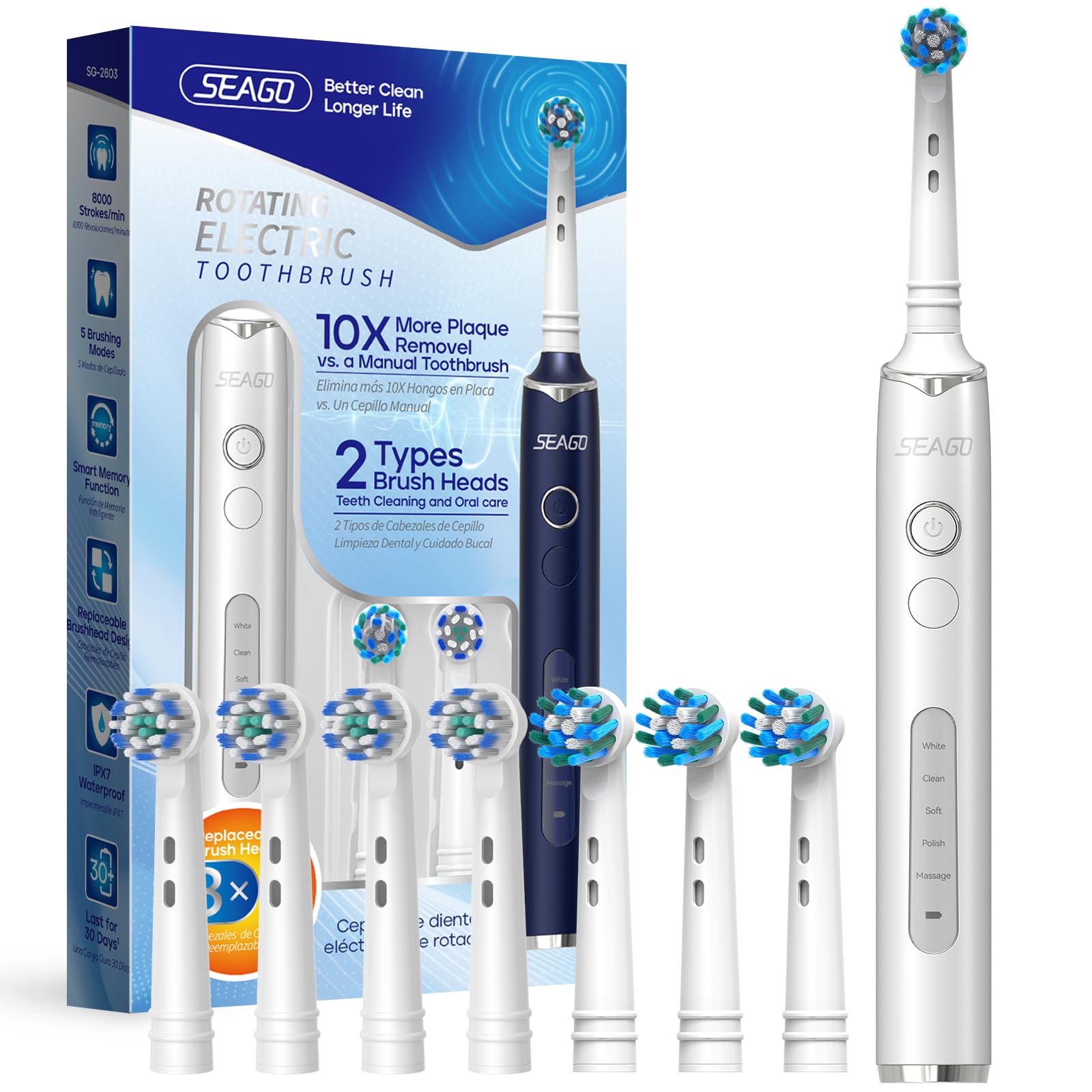 SEAGO Sonic Electric Toothbrush with 8 Replacement Brush Heads & 5 Cleaning Modes - 14 Days Teeth Whitening Technology - Waterproof Rotating Toothbrush for Adults & Kids (White, Model SG-2603) - Perfect for Travel, Home & Daily Oral Care Routine