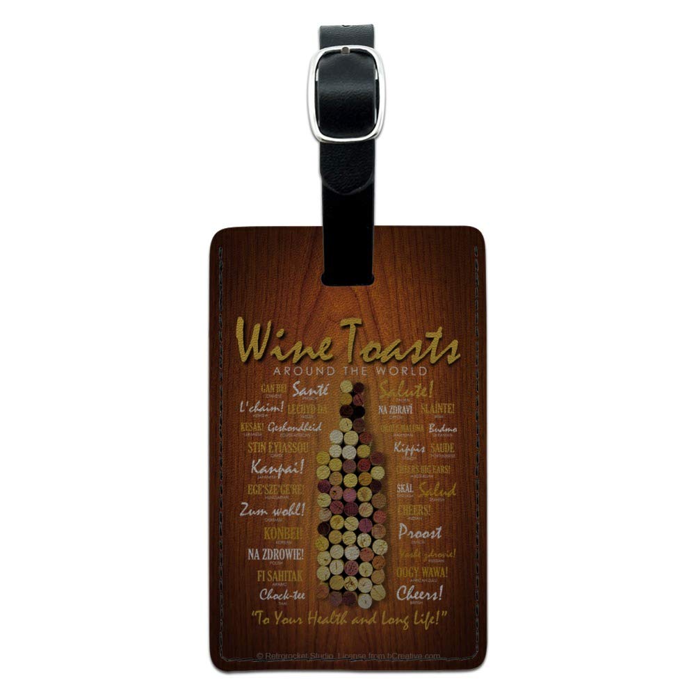 World Wine Toasts Rectangle Leather Luggage Tag - Durable Carry-On ID Tag for Travel Bags & Suitcases - Perfect for Business Trips, Vacations & Wine Lovers