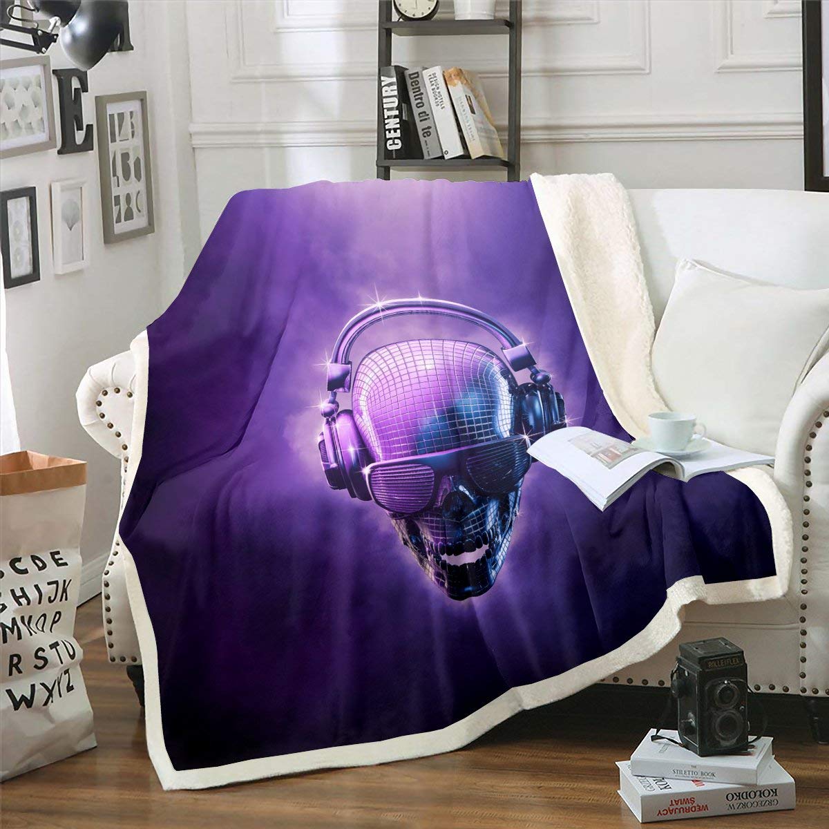 Erosebridal Skull Sherpa Blanket - Halloween Flannel Throw Blanket for Teens & Adults - Soft Fuzzy Blanket for Bed, Couch, Dorm Room - Rock Music Inspired Decor - Purple Queen Size - Perfect for Cozy Nights, Movie Time & Gothic Home Decor